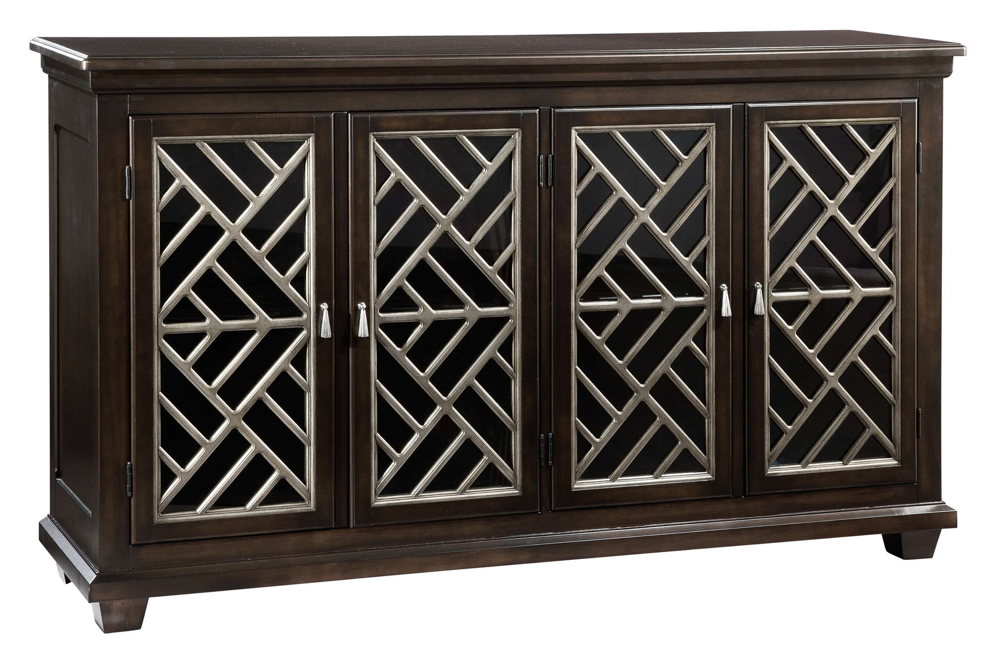 Transitional entertainment console with four glass doors, geometric metal grille detail, dark wood finish, and interior shelving