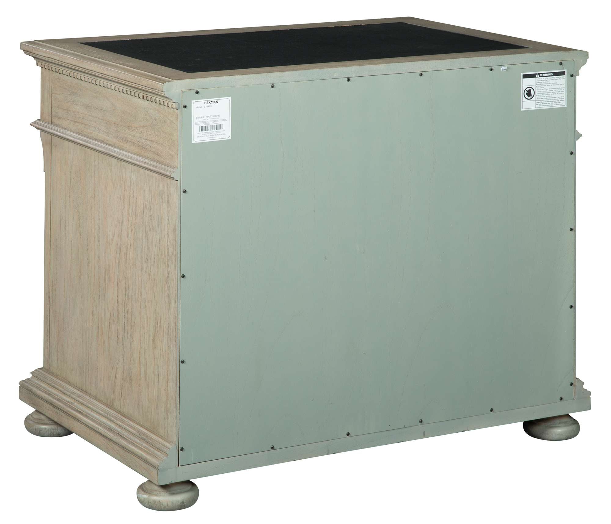 Wellington Estates Office Executive File Cabinet back view with mindi wood, leather top, and round feet base