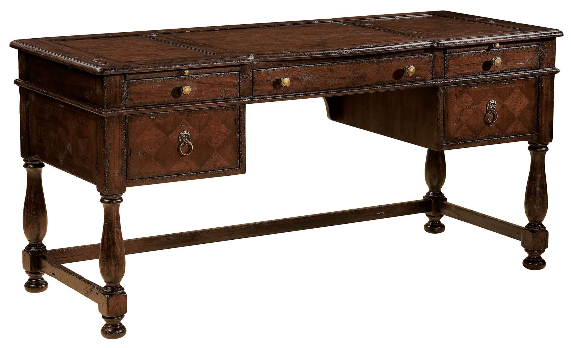 Havana Desk with solid mahogany and diamond match veneer, brown leather top with copper tooling, and multiple drawers