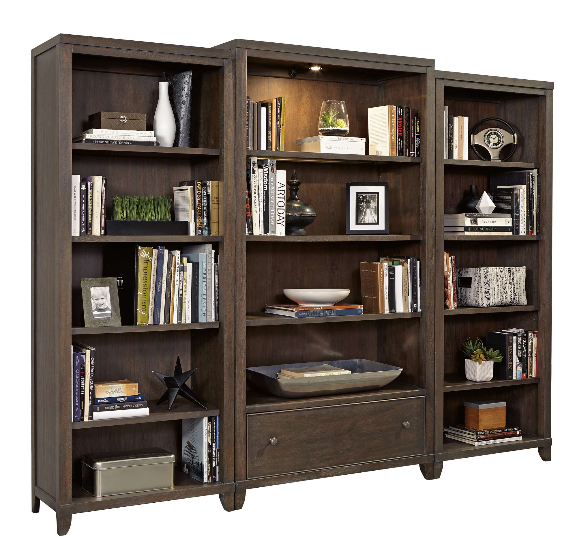 Urban Executive Side Bookcase with select veneer and solids, three adjustable shelves, one fixed shelf, and bottom drawer in dark finish