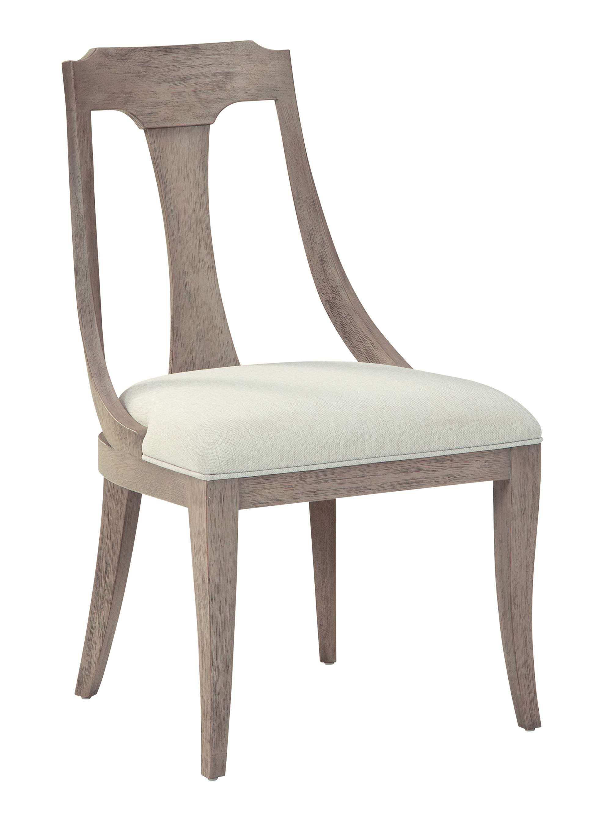 Wellington Estates sling dining arm chair with driftwood finish, select solids, and heavy weight linen upholstered seat and back