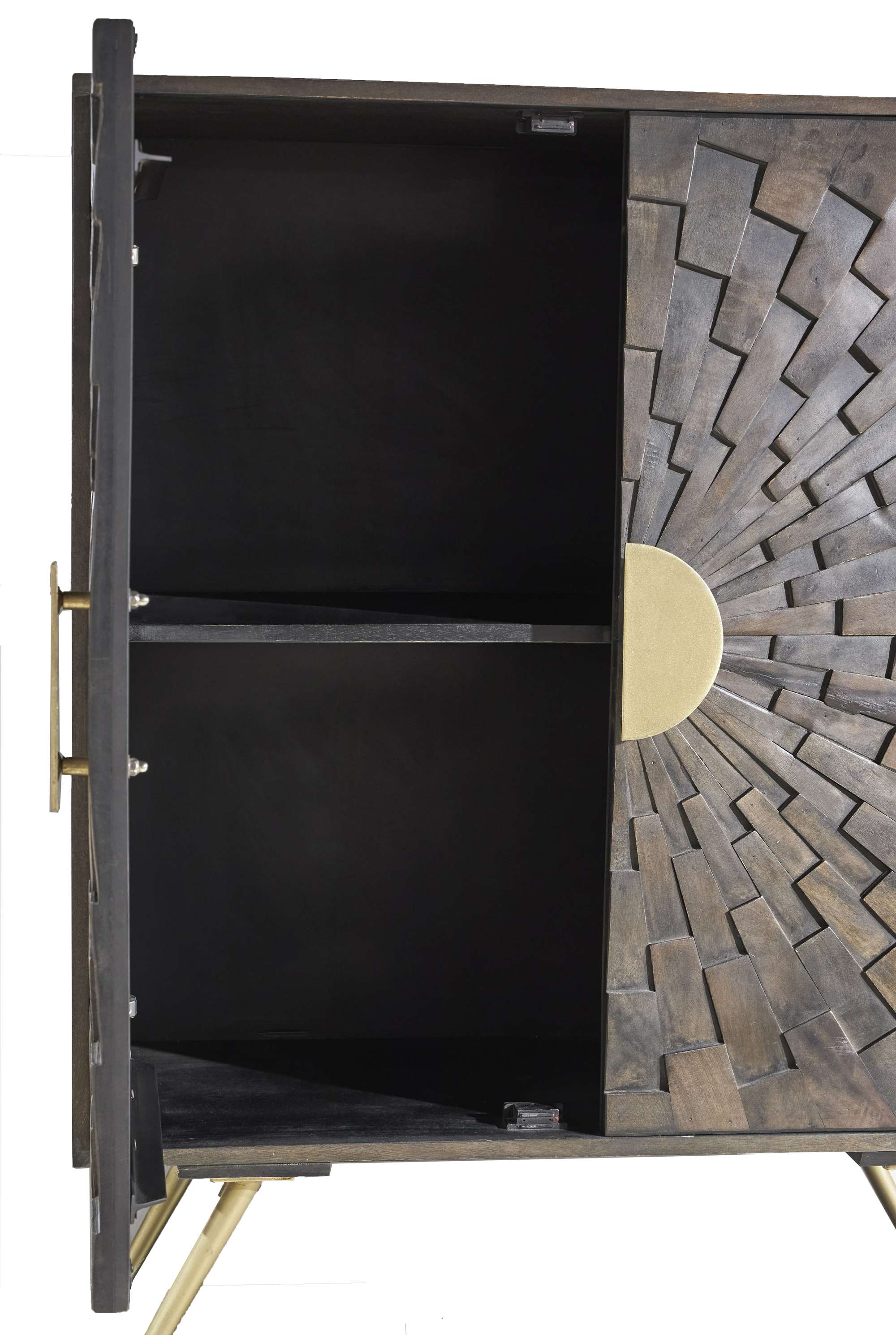 Accent chest with select wood solids and veneers, sunburst raised strip design, two doors, interior shelf, and brass hardware legs and pulls