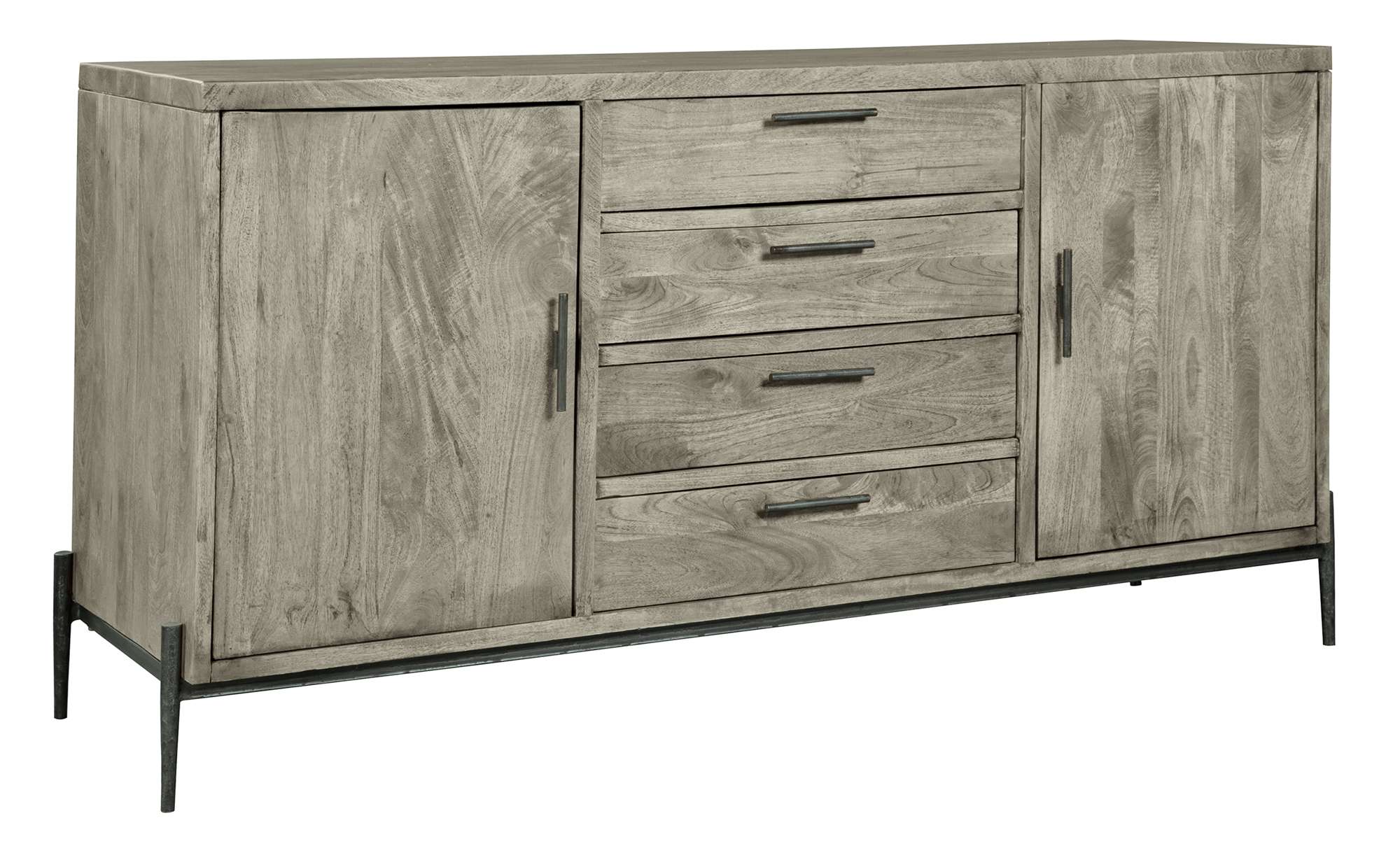 Bedford Park dining buffet with mango wood, three drawers, two cabinets, forged iron base, and metal hardware