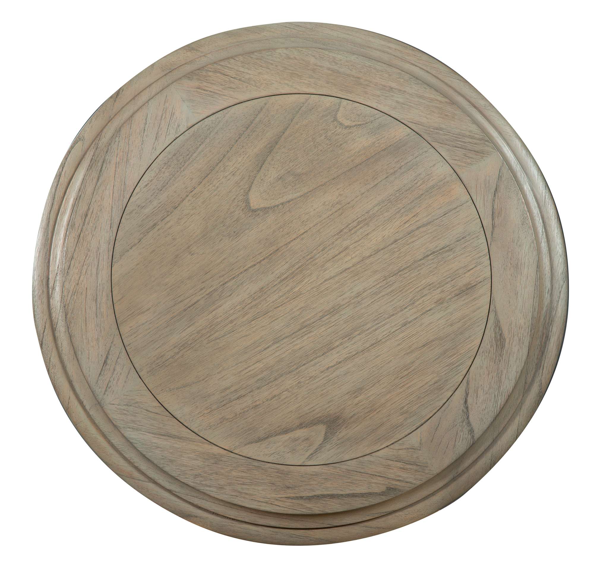 Wellington Estates end table top view with mindi veneers, driftwood finish, tapered pedestal, and urn turning detail