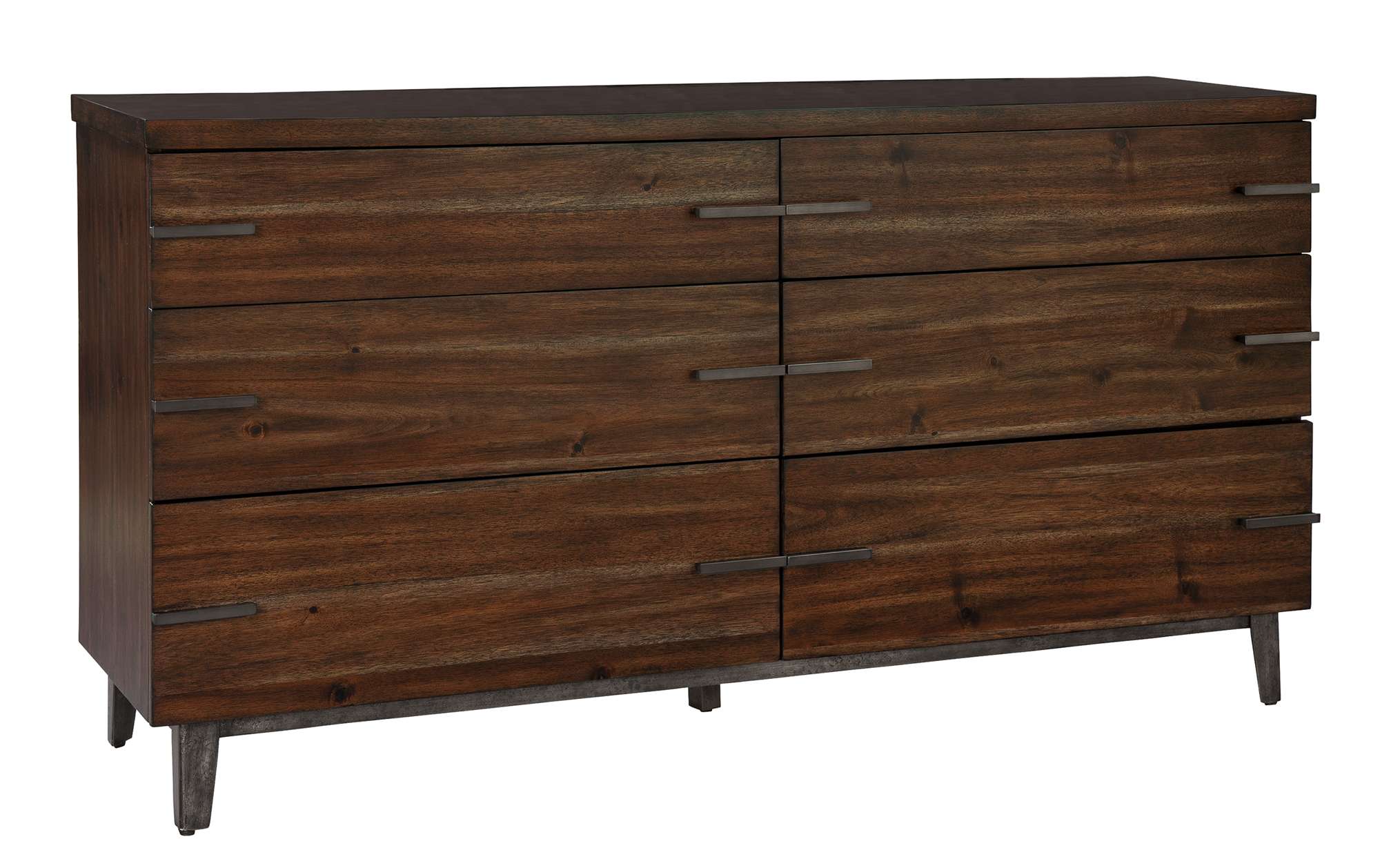 Monterey Point dresser with 1.5" acacia veneer slab top, six self-closing drawers, and forged metal tapered angle iron feet