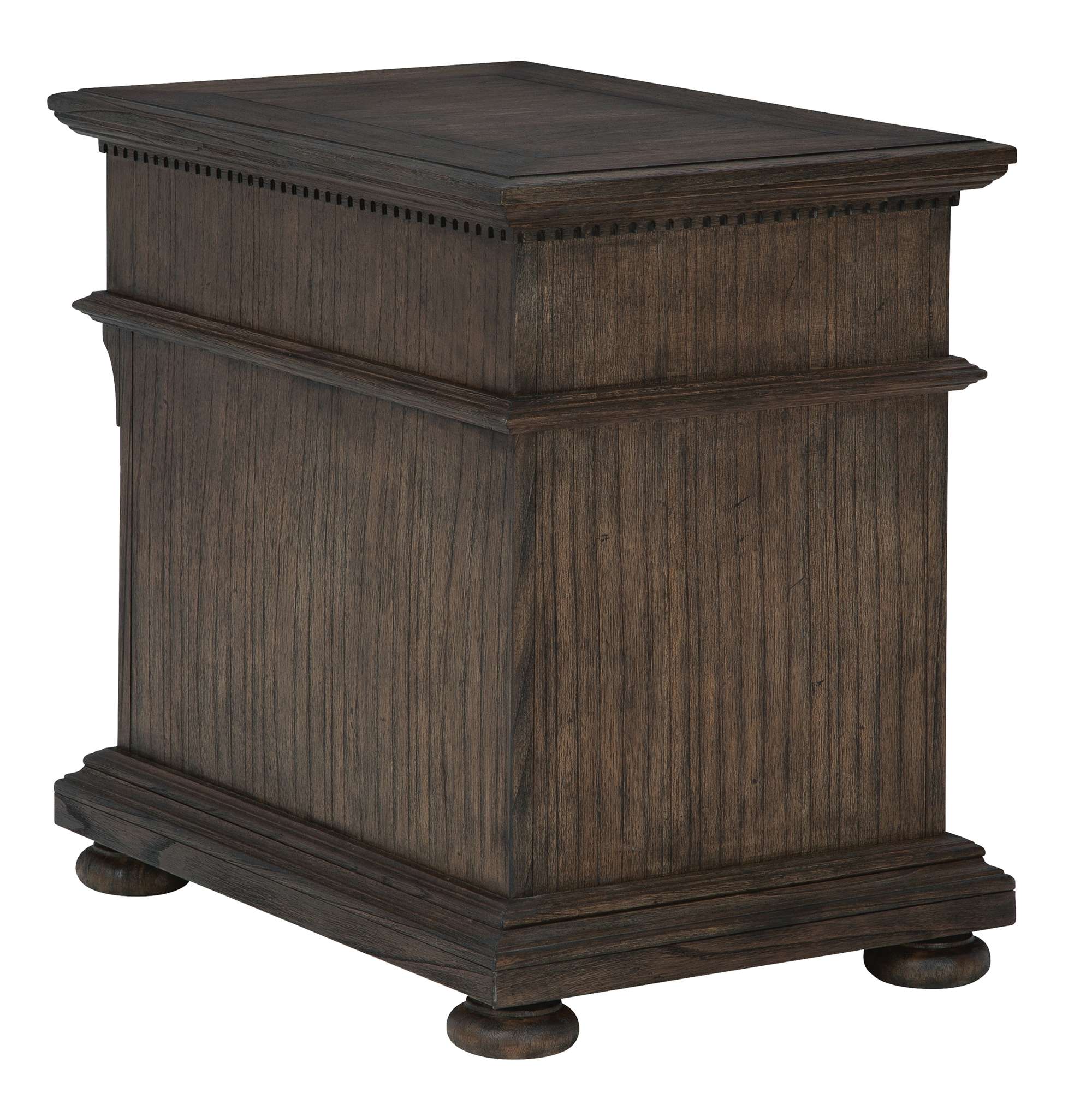 Wellington Estates chairside chest with mindi veneers, three drawers, dentil molding, rustic antique brass hardware, and Java finish