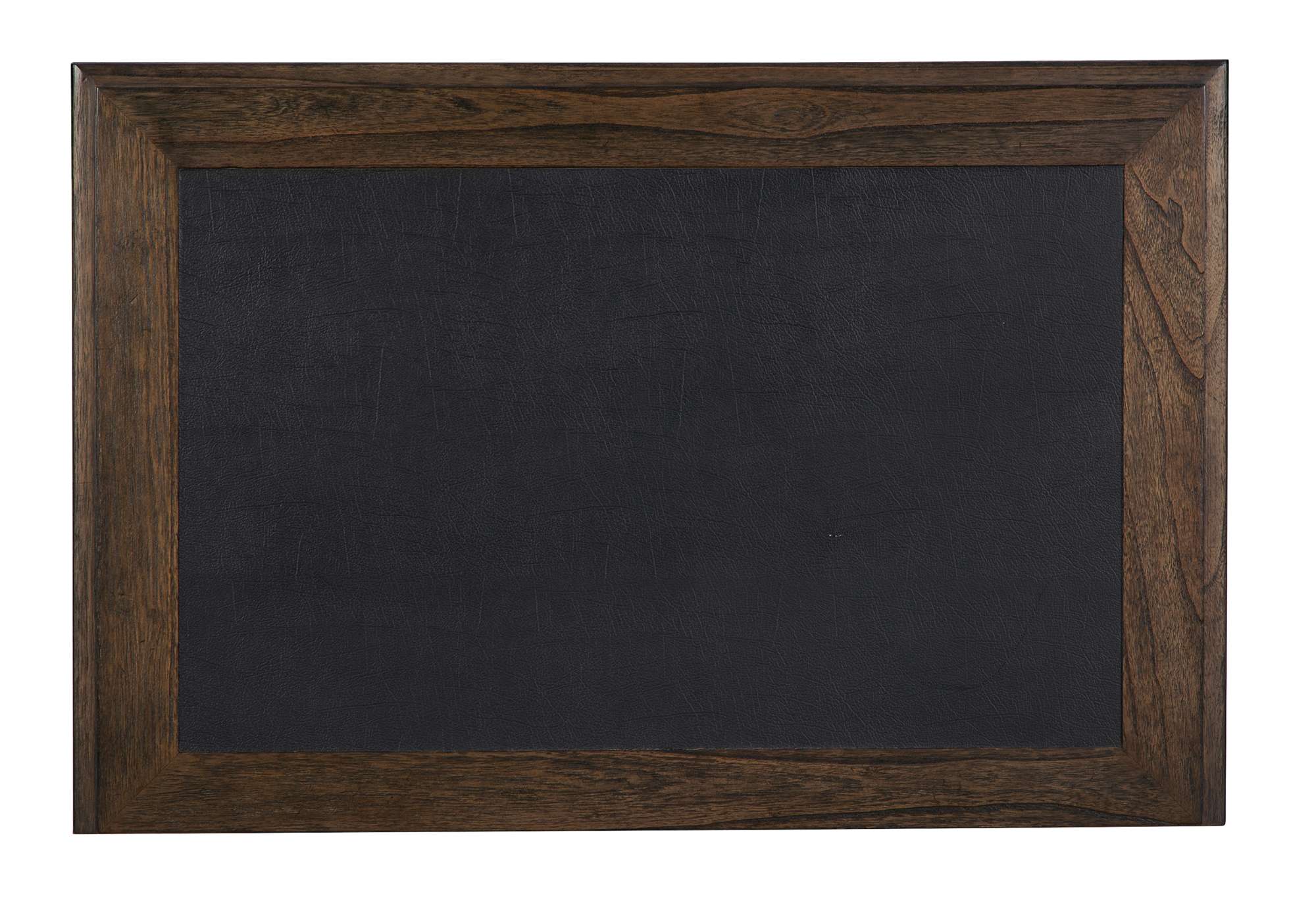 Rectangular leather panel top with dark brown mindi wood frame showcasing rustic antique finish