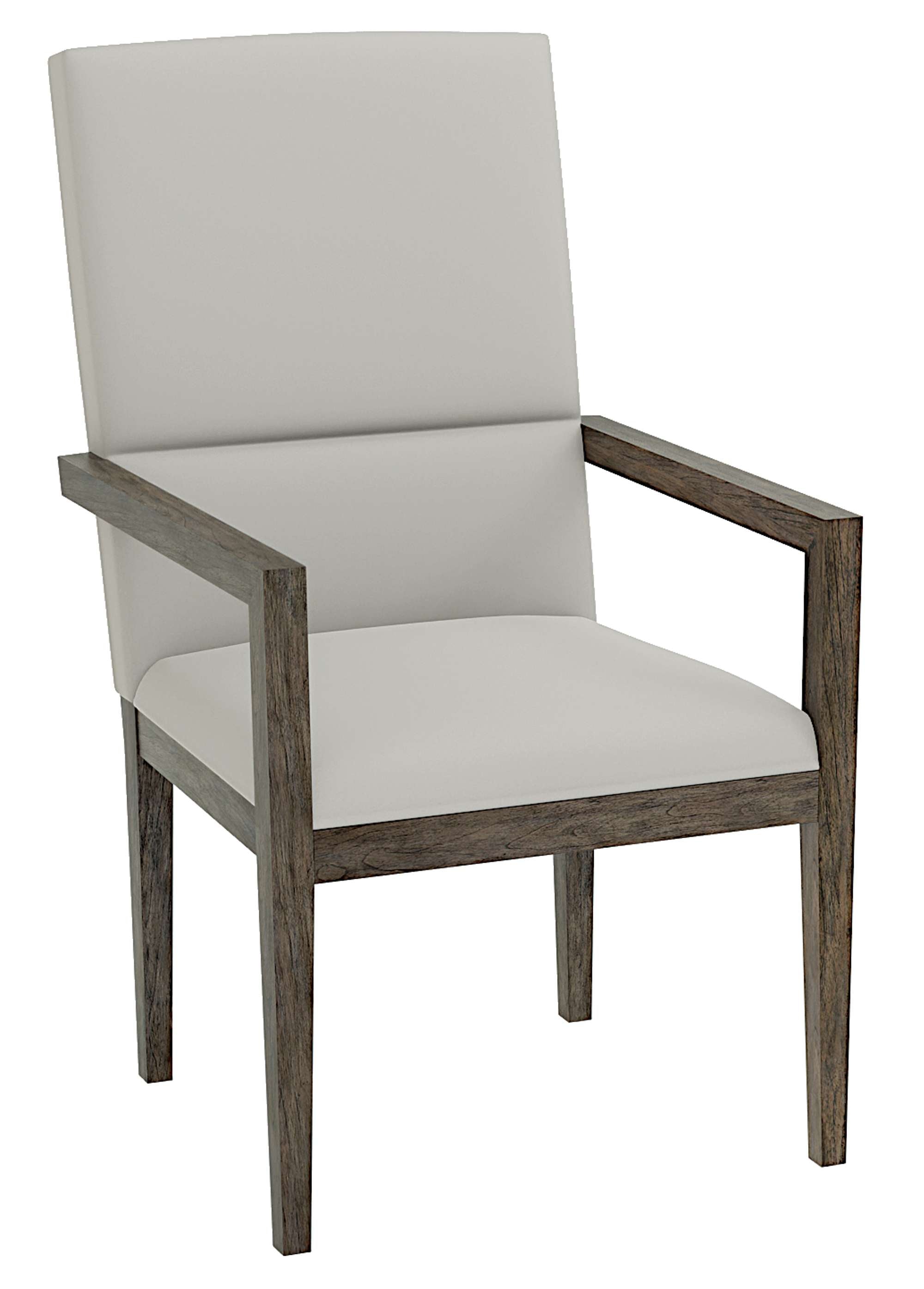 Arlington Heights Dining Arm Chair with heavy linen upholstery, tapered back arms, and select wood solids in natural finish