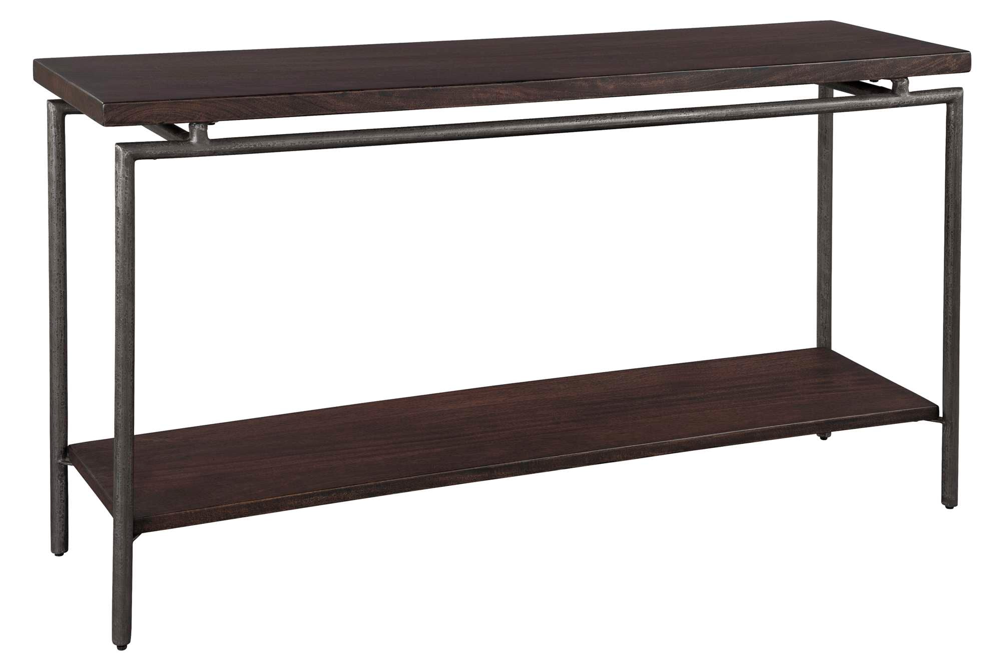 Sofa table with solid mango top in deep brown wax finish, iron tubular legs, and one bottom shelf in Special Reserve finish