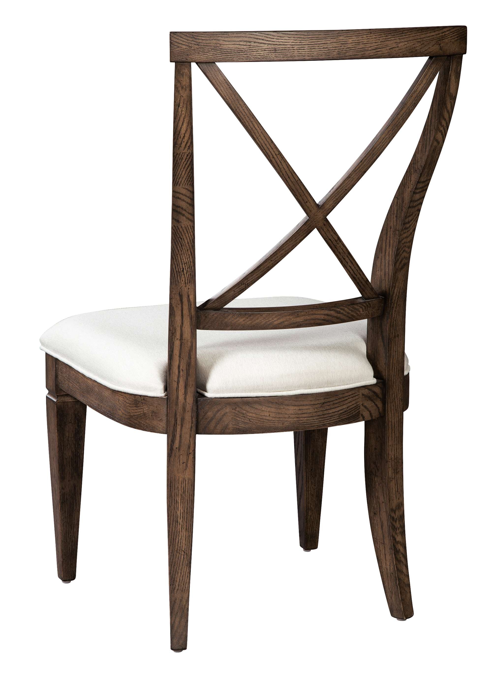 Wexford dining side chair with solid oak frame, X-back design, and off-white heavy weight linen upholstered seat