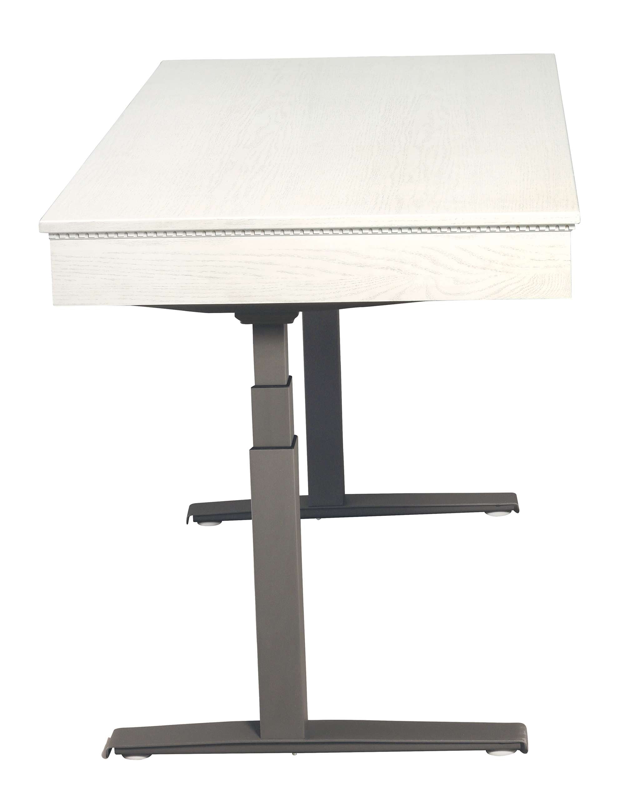 Custom adjustable height desk with white wood top featuring dentil molding and black metal base with adjustable legs