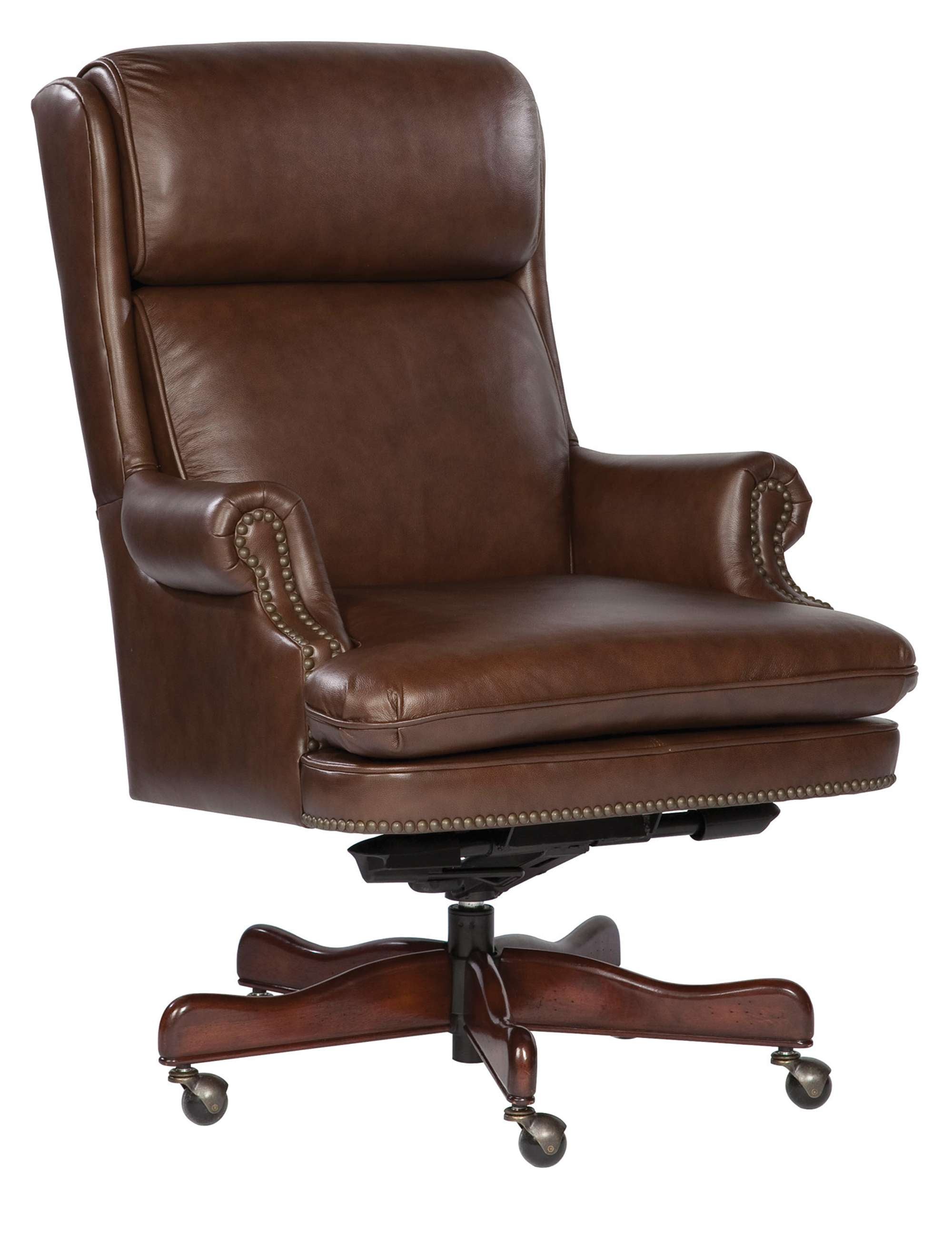 Executive office chair with genuine brown leather, antique brass nailhead trim, and five-point wood base with casters