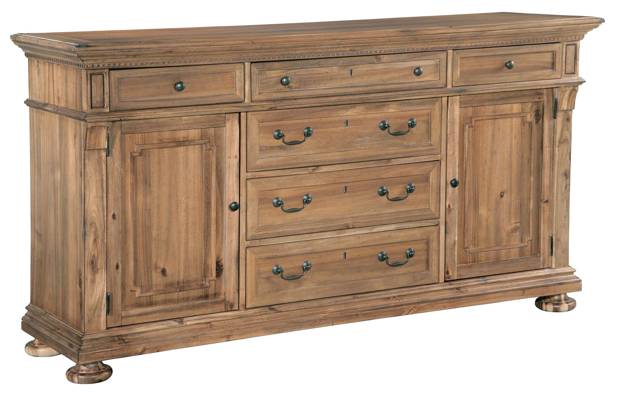 Wellington Hall dining buffet with acacia veneers and solids, six drawers, side doors, and rustic antique finish