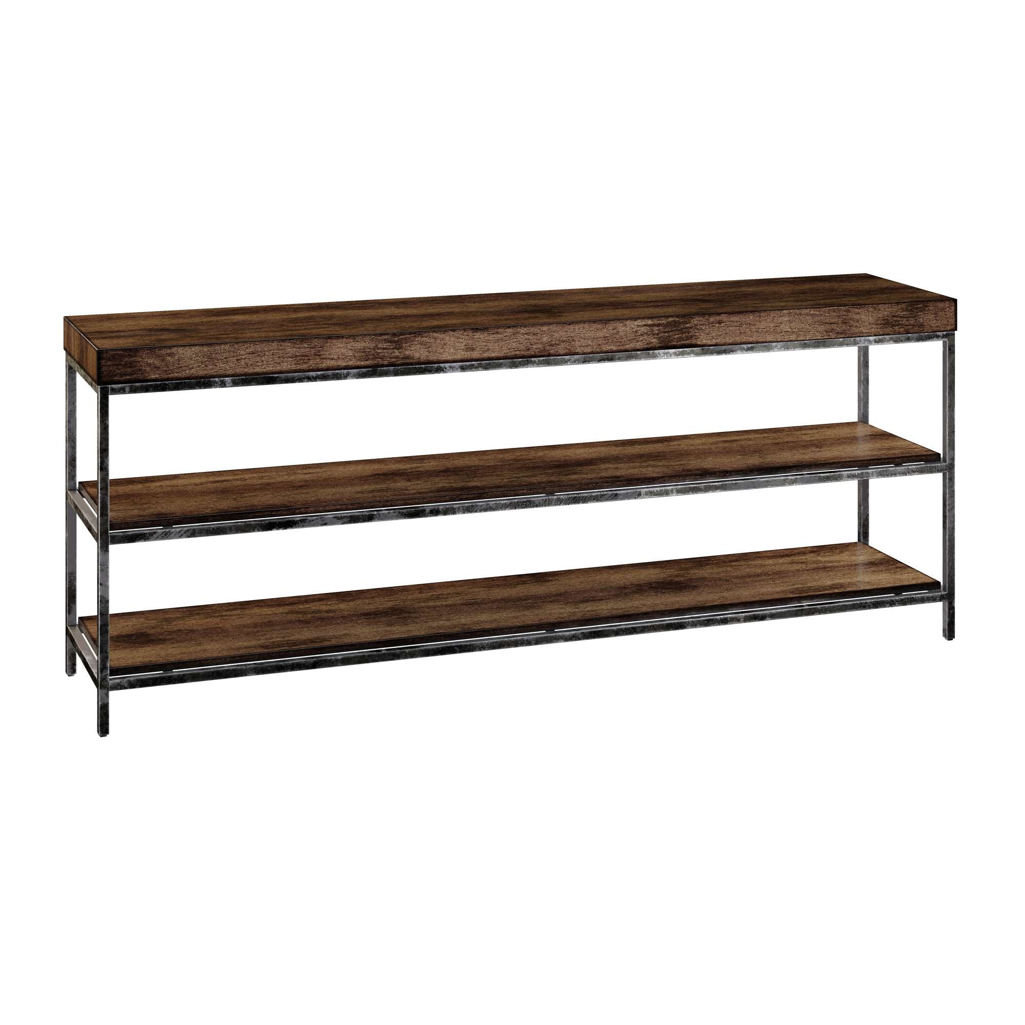 Monterey Point sofa table with 3" acacia veneer plank top, forged iron square legs, and two lower faux-planked shelves