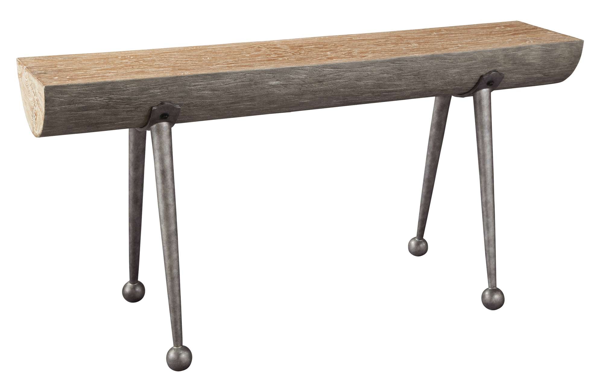 Sofa table with select wood solids and veneers, iron tinker toy legs, hollow log-inspired top, 60" width and 30" height