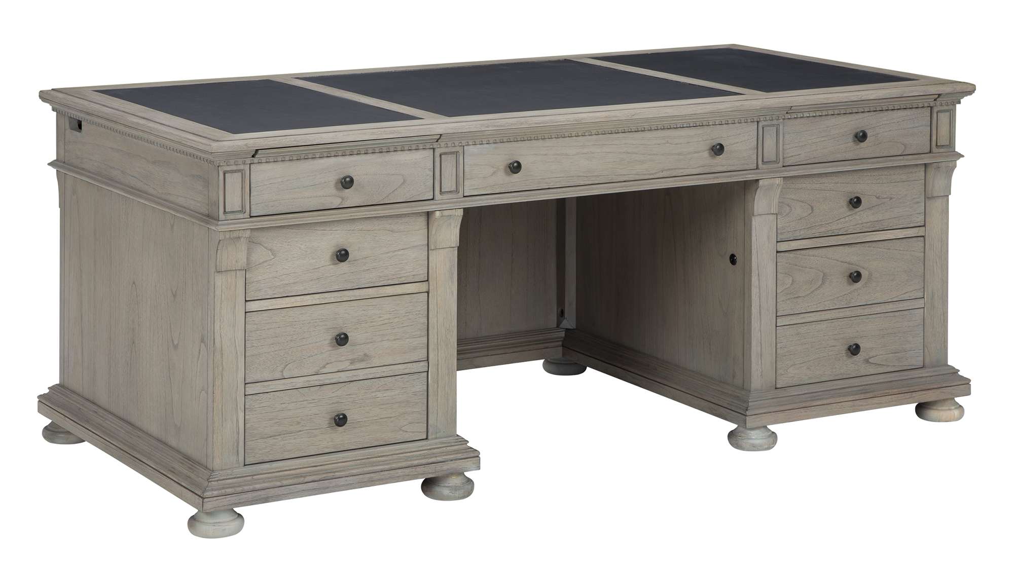 Wellington Estates executive desk with leather top, mindi wood finish, four box drawers, and two file drawers on metal slides