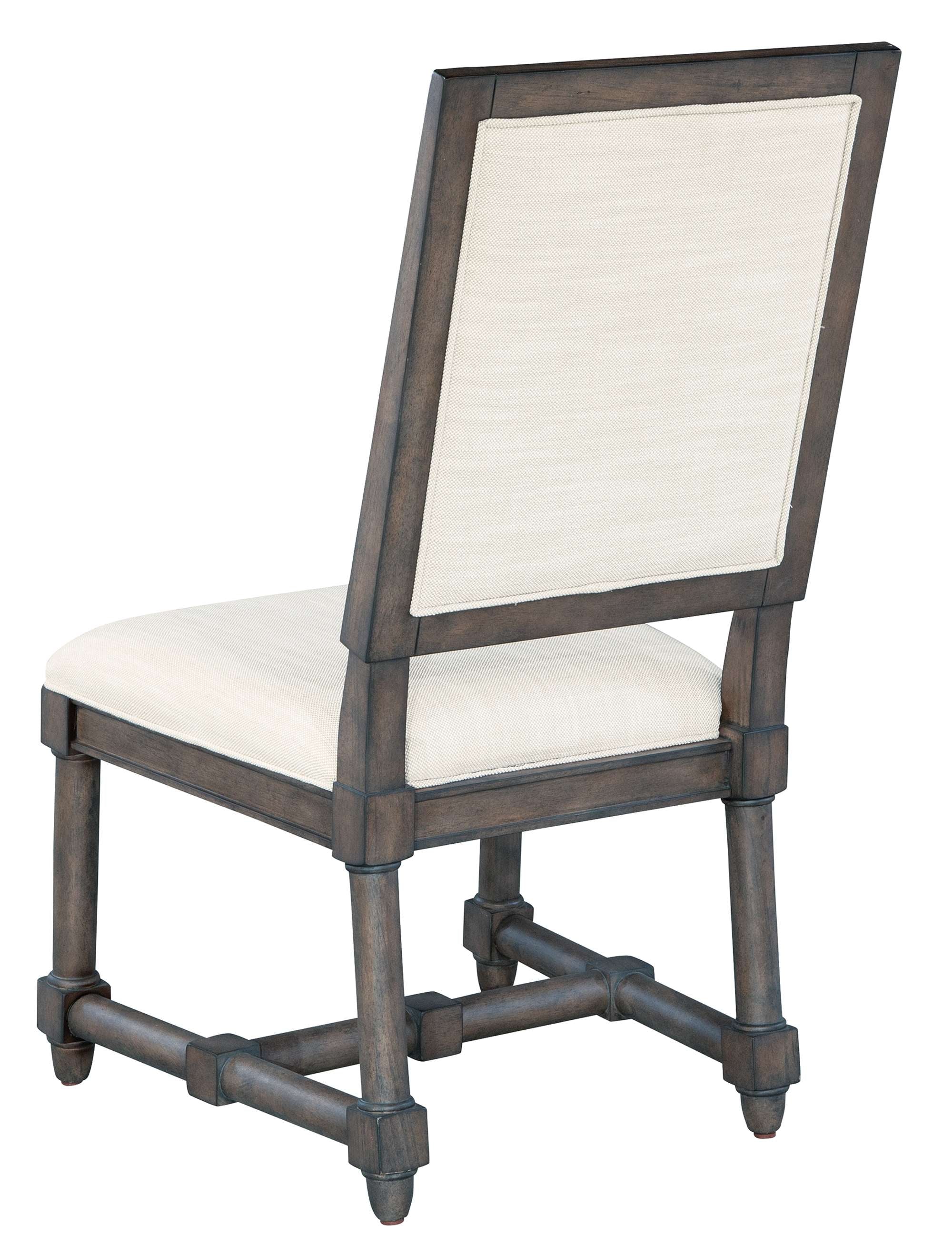 Lincoln Park upholstered dining side chair with select wood solids and veneers, white and tan linen fabric, and dark finish frame