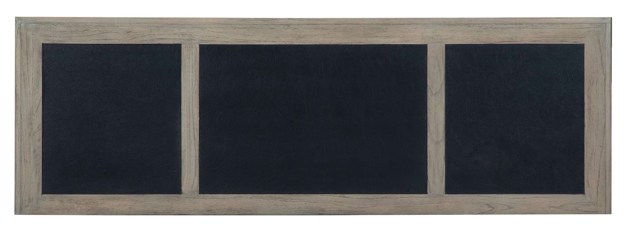 Leather top panel with three wood-framed sections in driftwood finish for Wellington Estates executive credenza