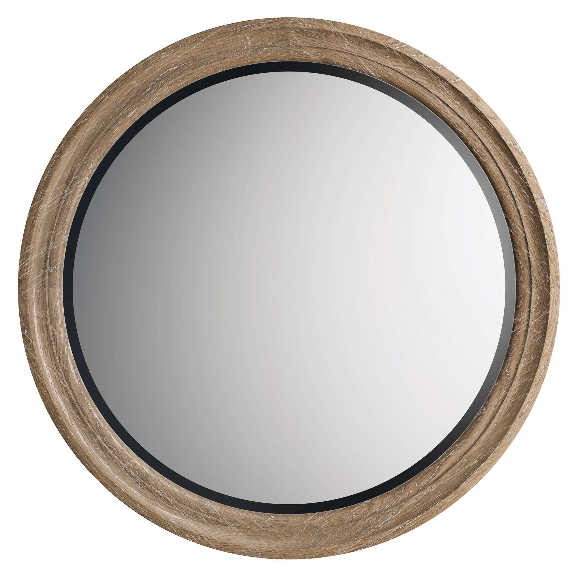 Round Chateaux Mirror with carved wood frame in natural finish and black inner trim for classic elegance