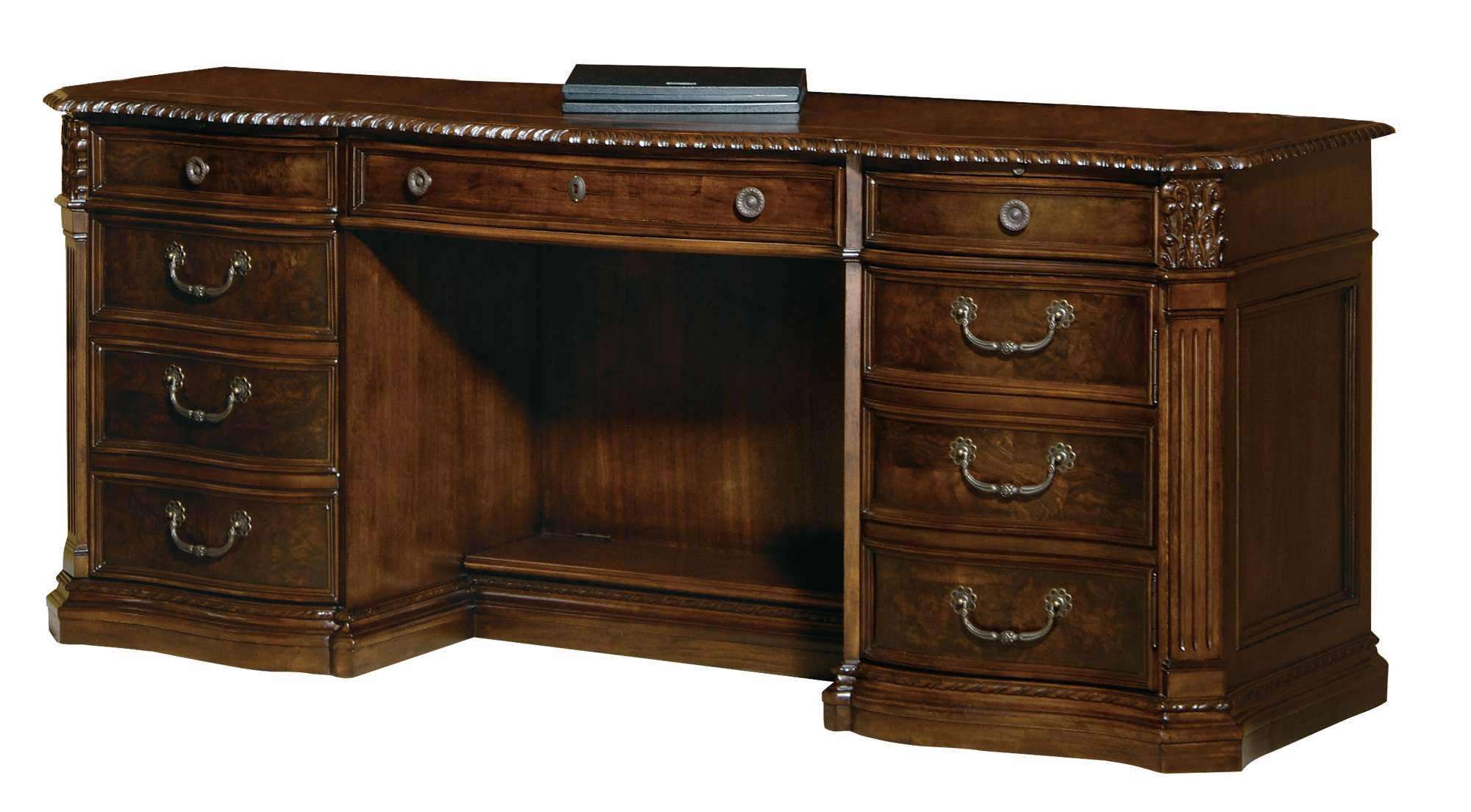 Old World Walnut Burl executive credenza with walnut inlay top, pull-out writing surface, drawers, file drawer, and wire management
