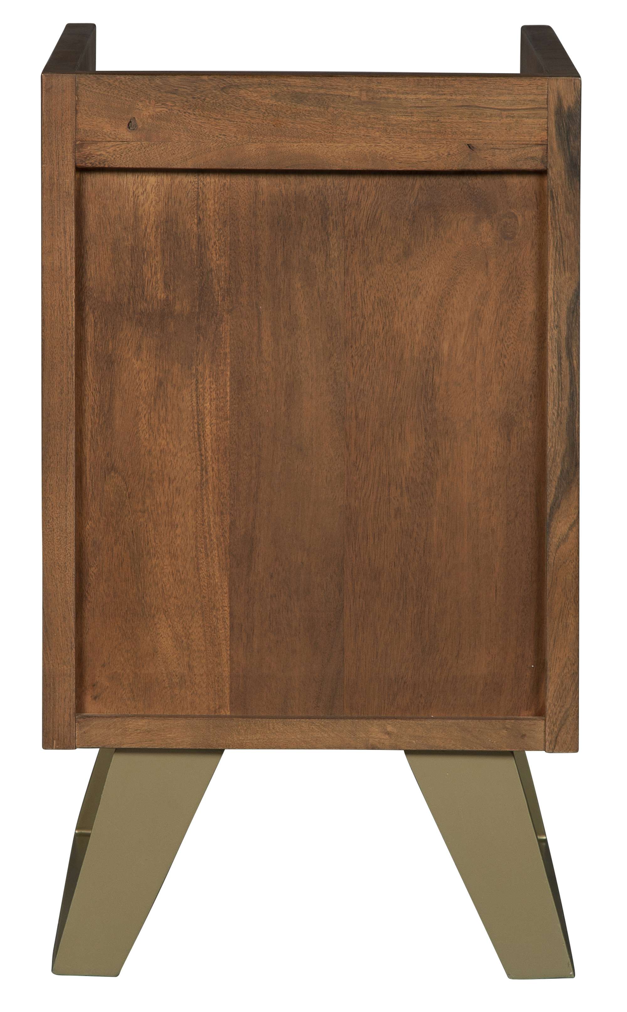 Side view of two drawer solid Acacia wood file cabinet with brass powder-coated metal base and decorative splines