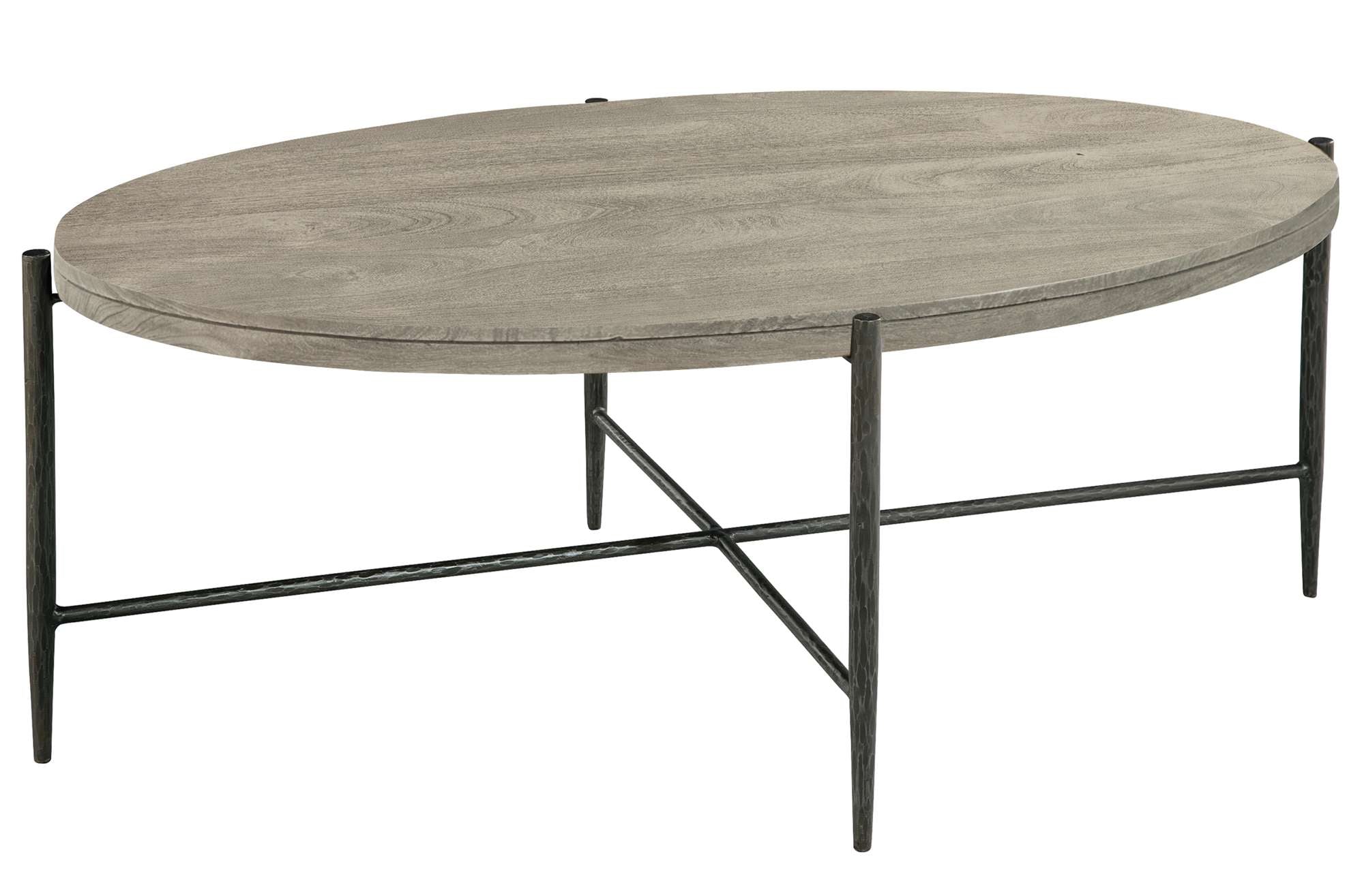 Bedford Park oval coffee table with Bedford Gray mango wood top and slender black metal base in minimalist design