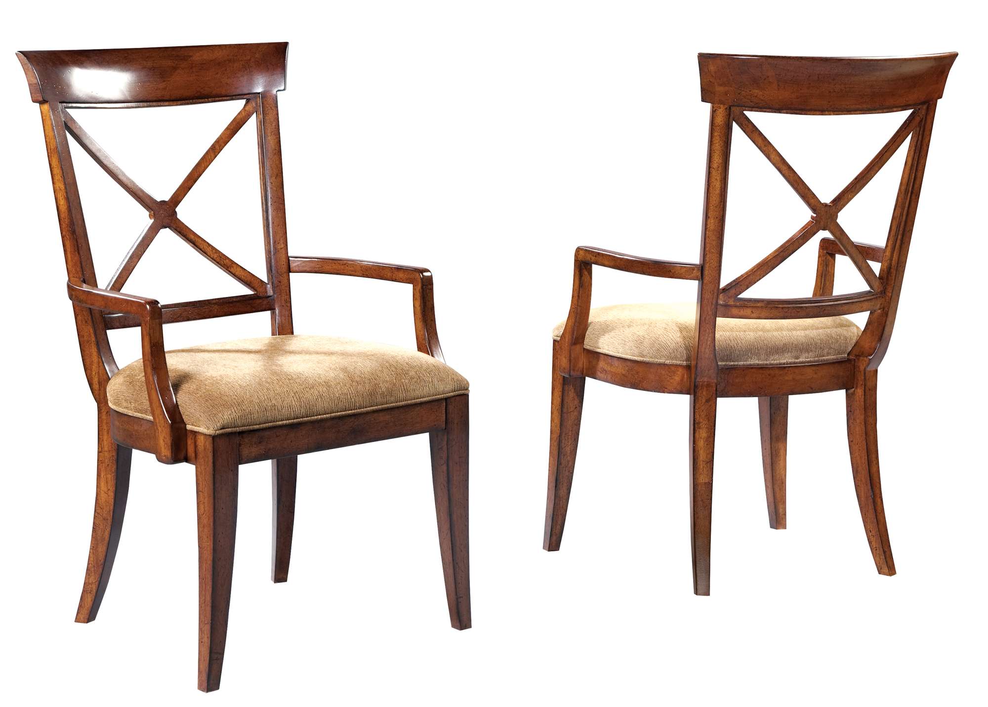 European Legacy dining arm chair with rustic American cherry veneers, golden velvet slip seat, and macadamia finish