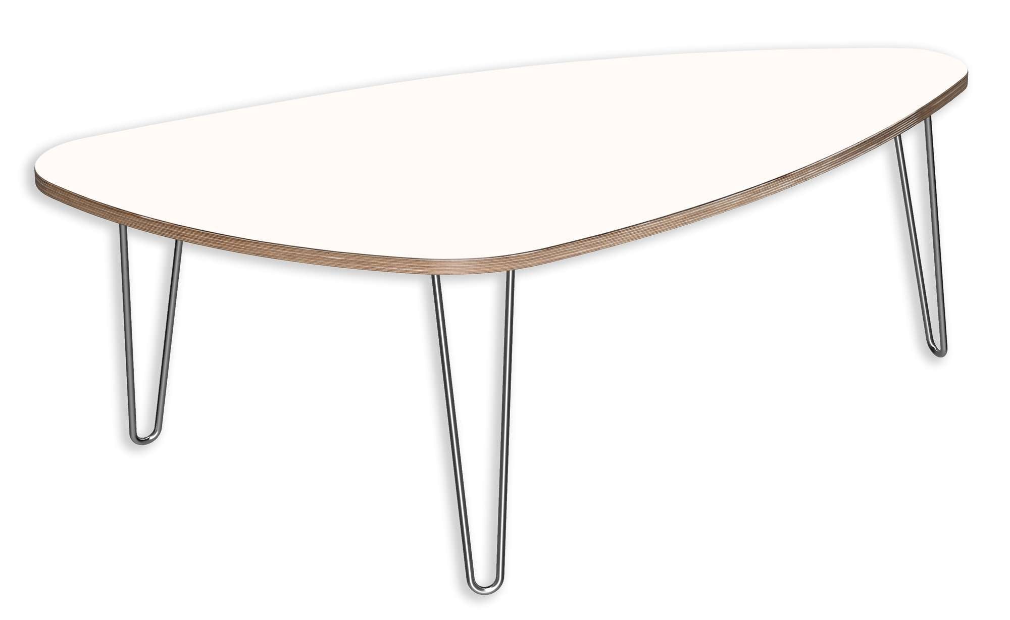 DesignerPly coffee table with white triangular top, mid-century plywood edges, and three sleek metal hairpin legs