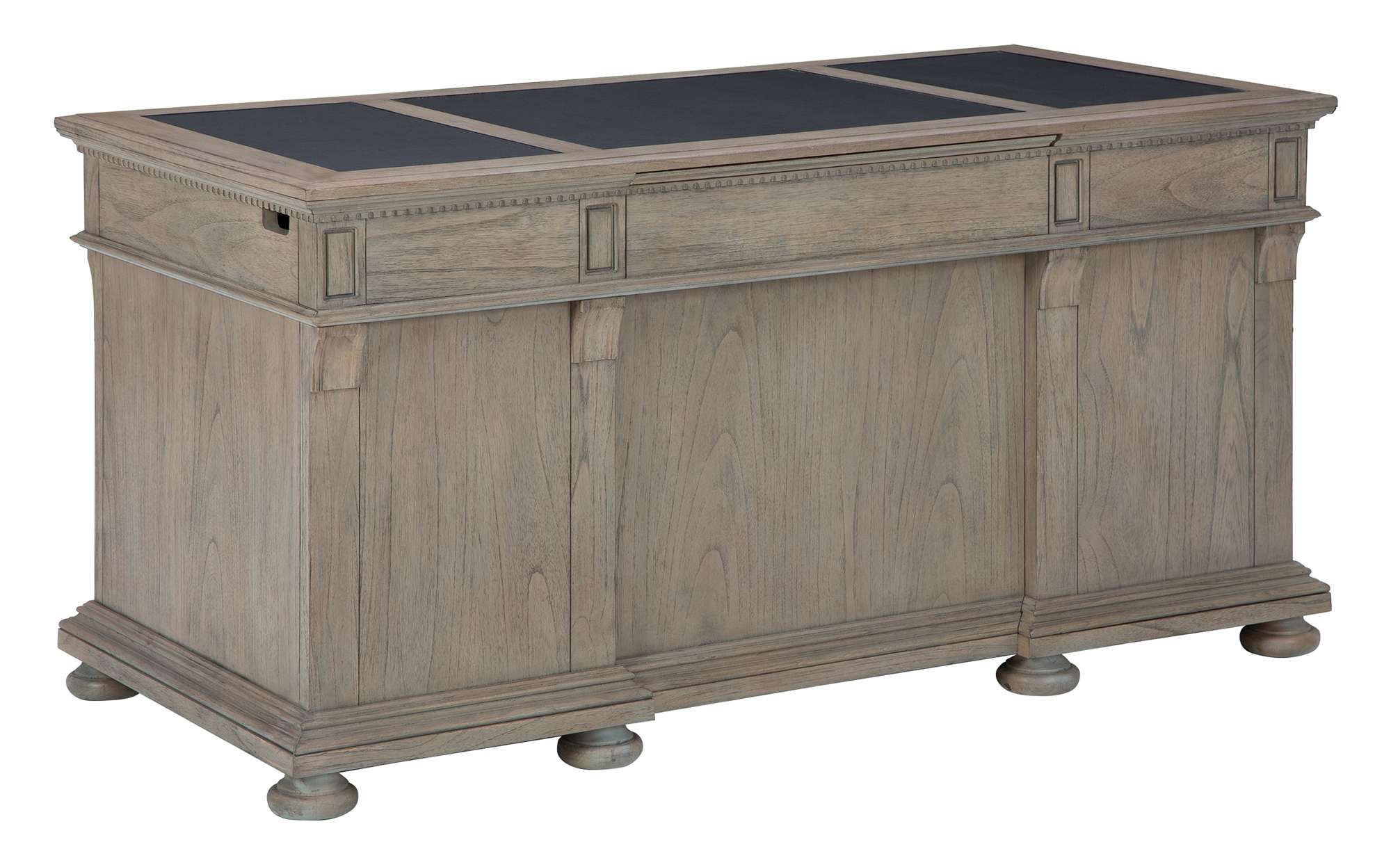 Wellington Estates office junior executive desk with leather panel top, mindi veneers and solids, and raised bun feet