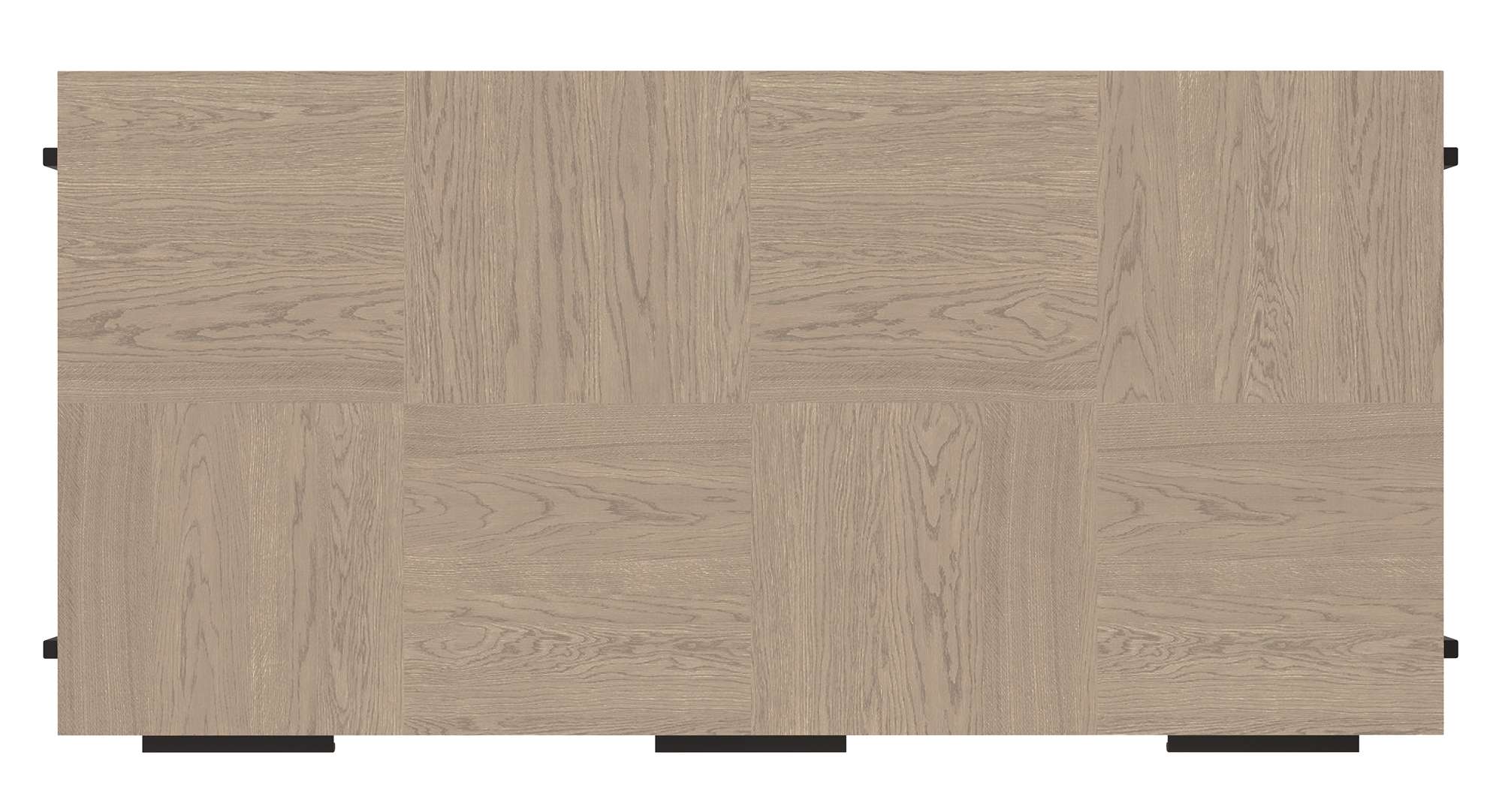 Top view of Mayfield Desk showcasing parquet veneer oak surface with subtle grain pattern and metal leg supports