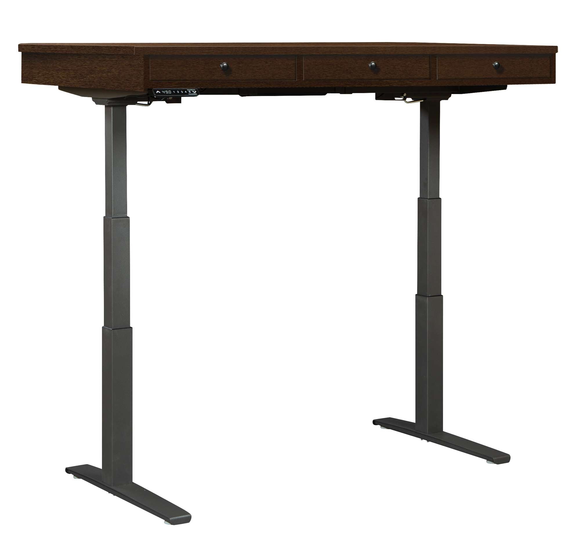 Custom Adjustable Height Desk with dark wood top, three drawers, and sturdy black metal adjustable legs for ergonomic workspace