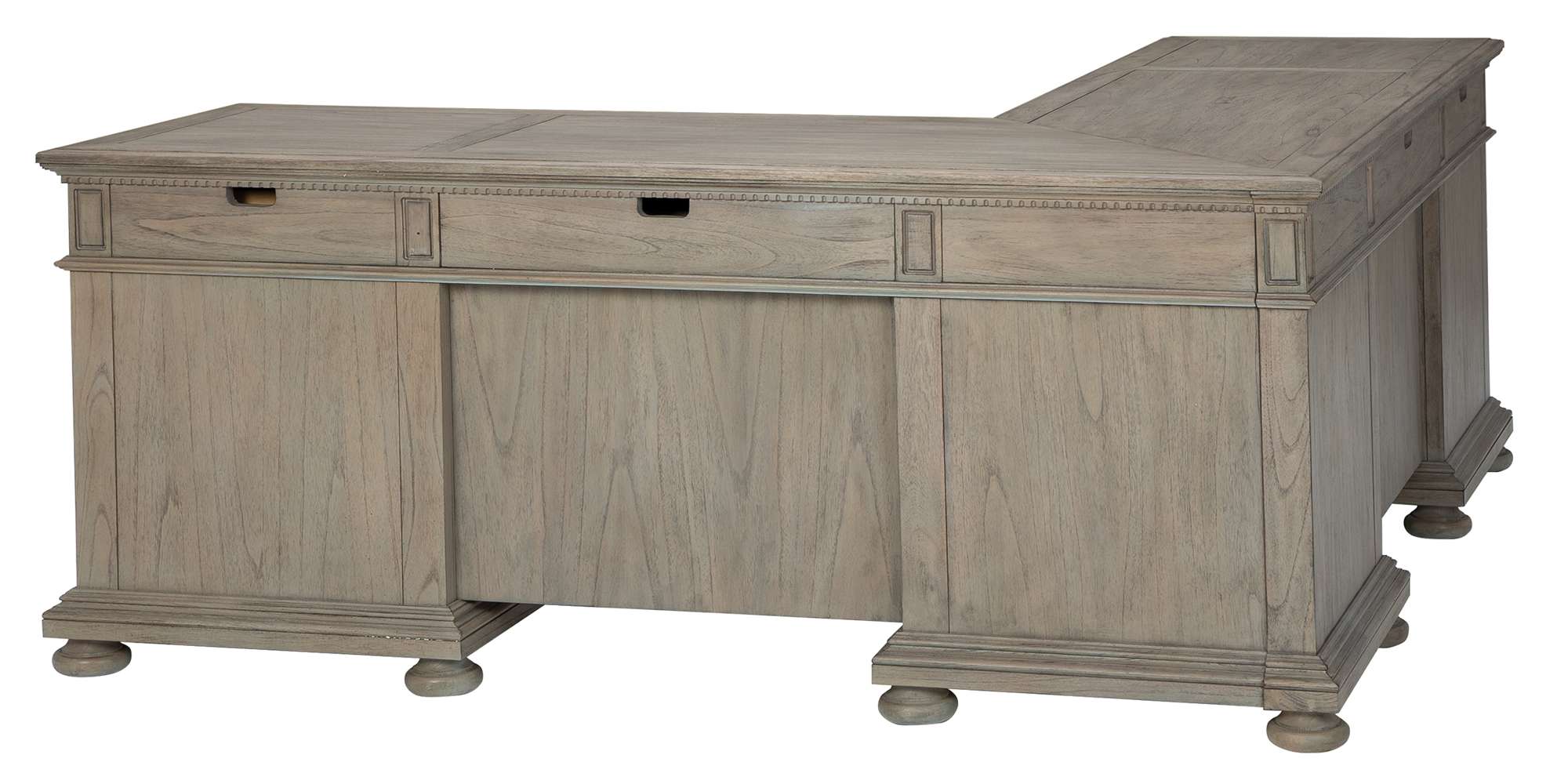 Wellington Estates Office Executive L-shape desk with mindi veneer top, driftwood finish, antique brass hardware, and wire management