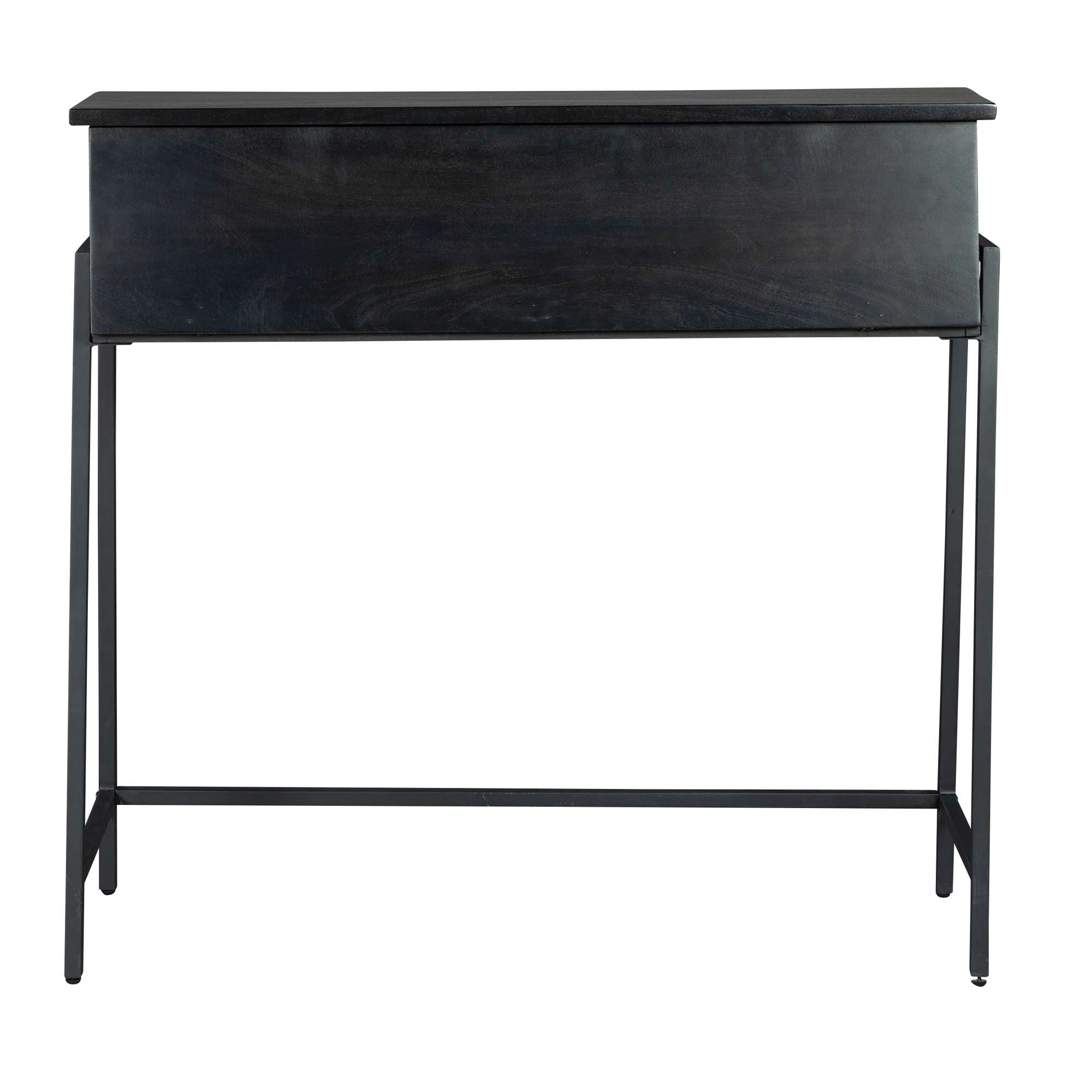 Box-style writing desk with aged black acacia solids, black iron frame, front panel, and slim modern design