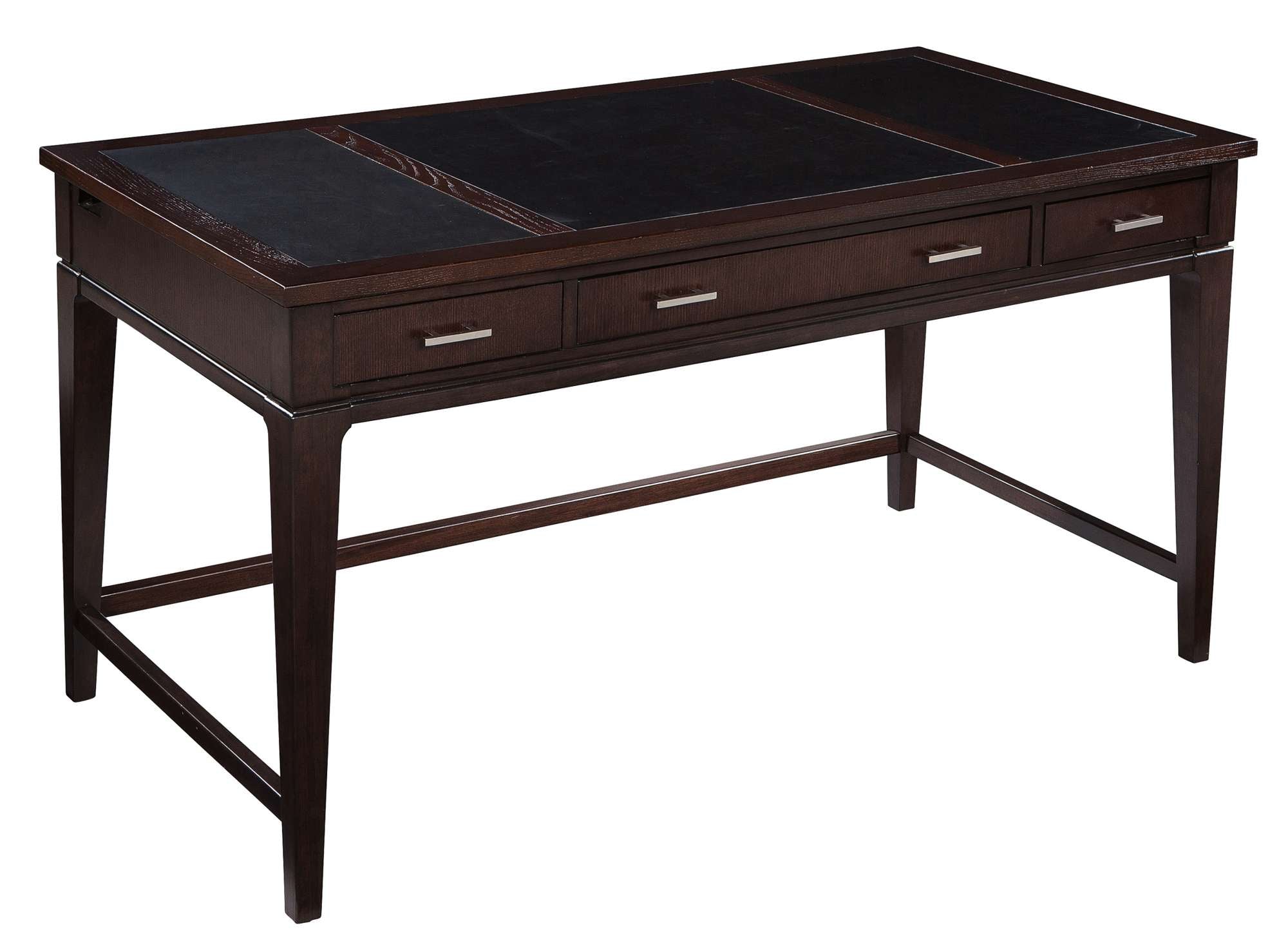 Mocha Desk with three-panel leather top, ash solid and veneer case, two side drawers, and drop-front keyboard drawer