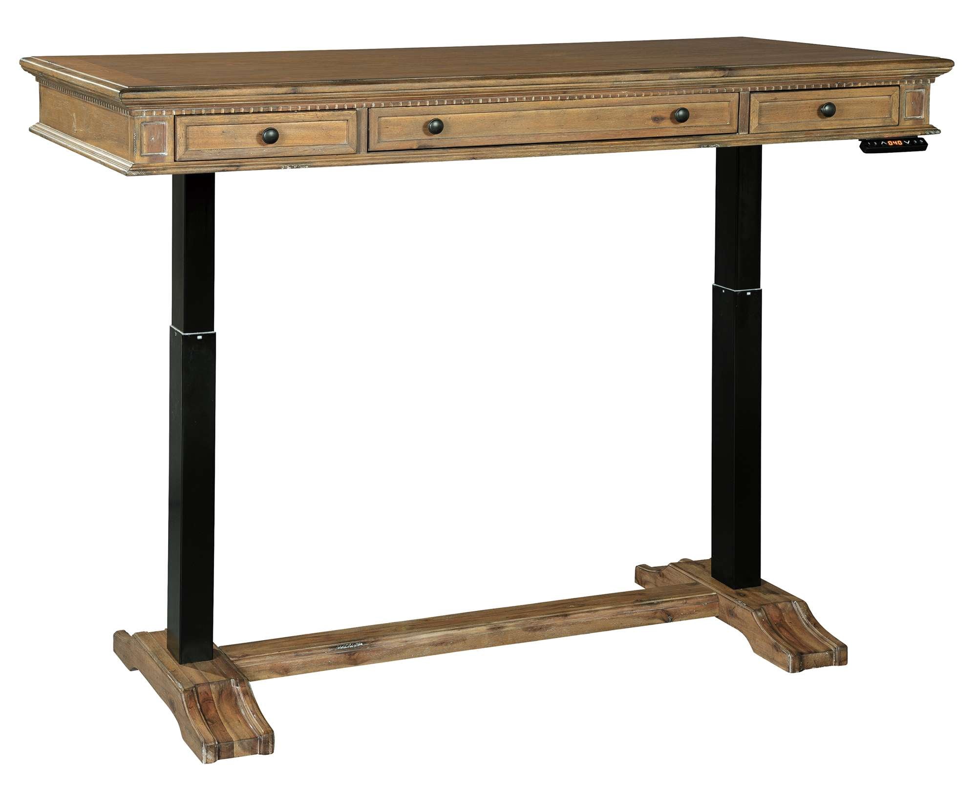 Wellington Hall Office Adjustable Height Desk with acacia wood top, framed planked surface, three drawers, and black metal legs
