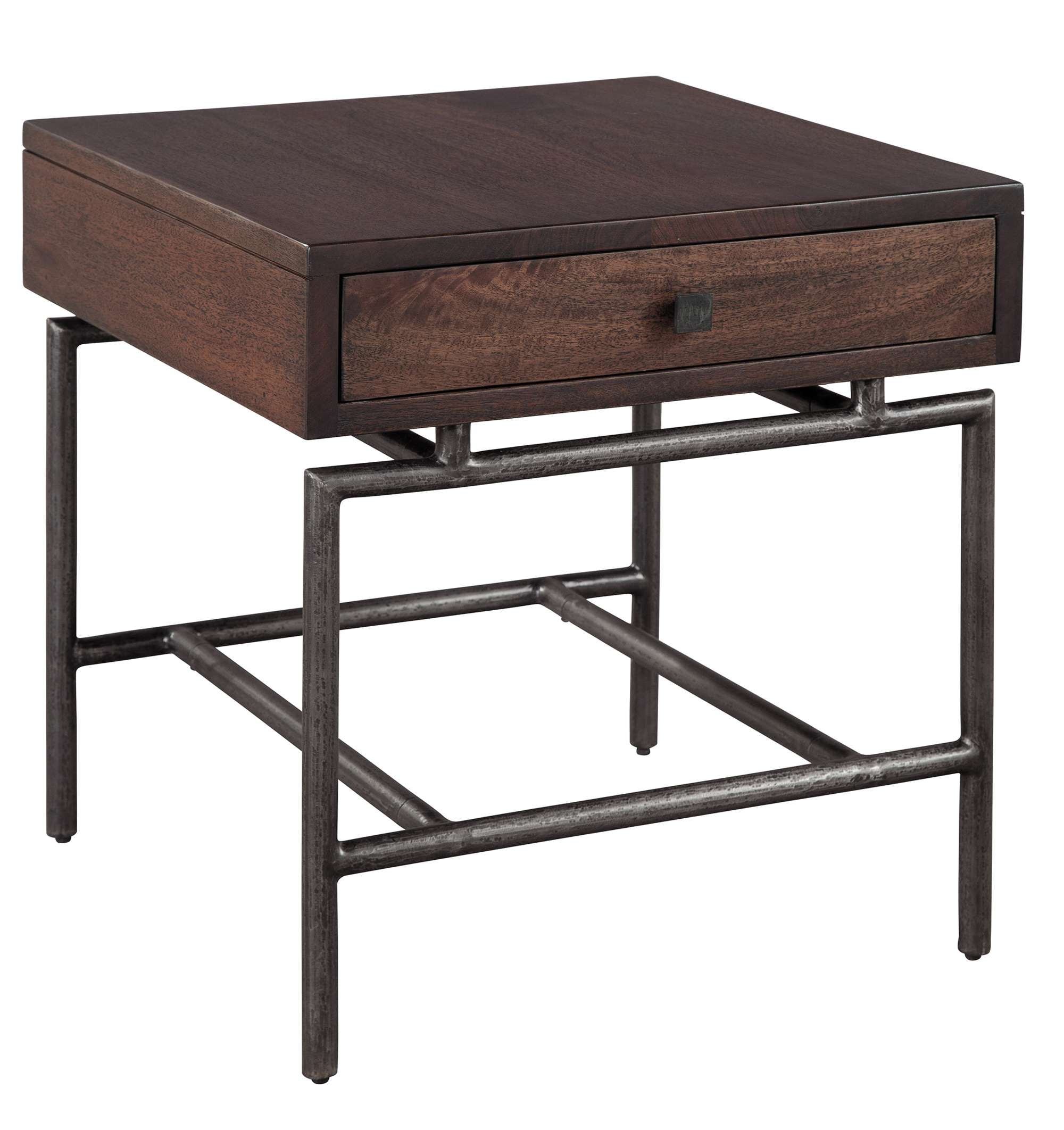 Lamp table with solid mango wood top in deep brown finish, iron tubular legs, floating drawer, and square iron pull