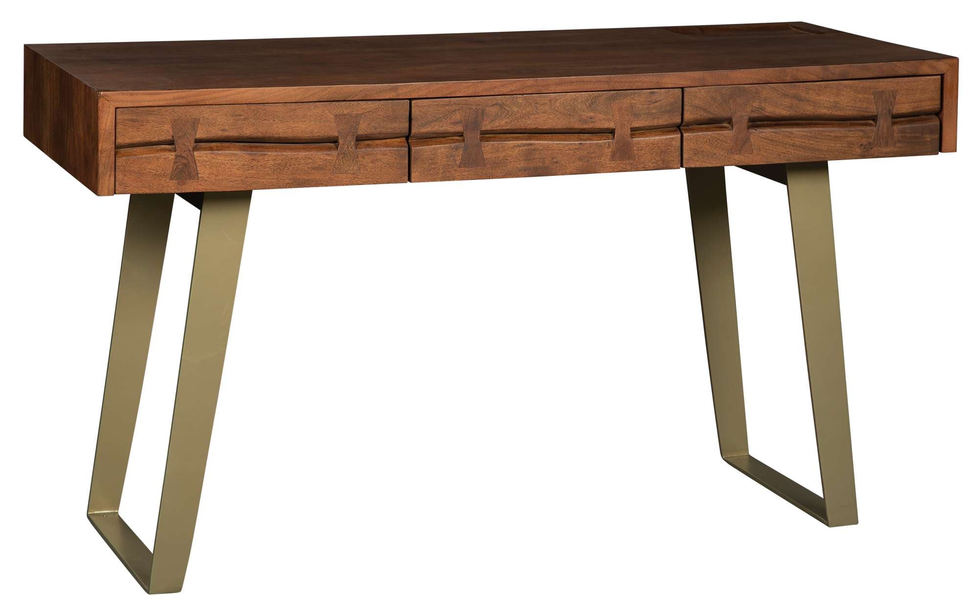 Solid Acacia wood desk with decorative spline drawer faces and brass powder-coated iron legs in modern design