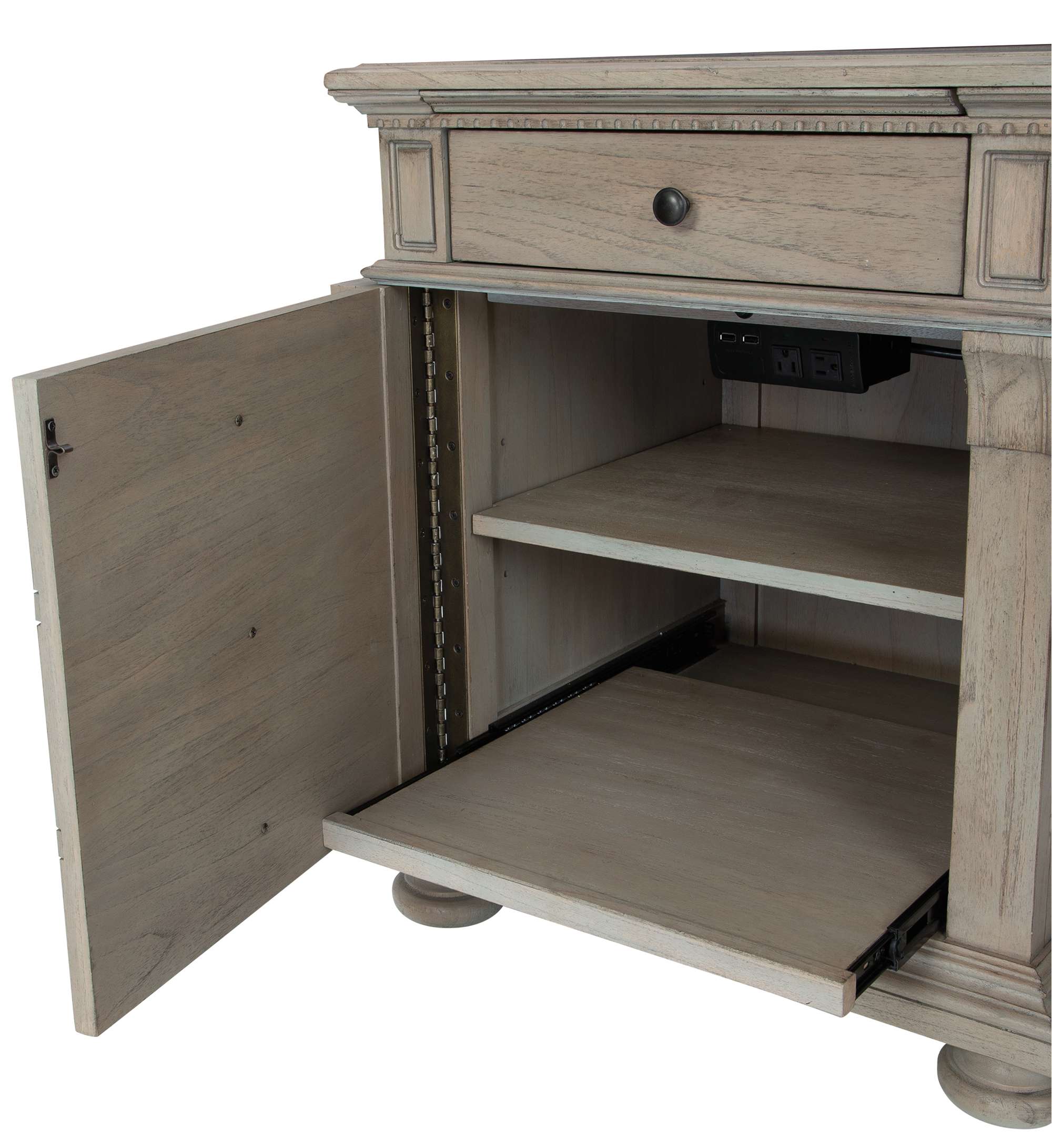 Wellington Estates Office Executive L-shape Desk with driftwood finish, mindi veneer top, antique brass hardware, and pull-out shelf