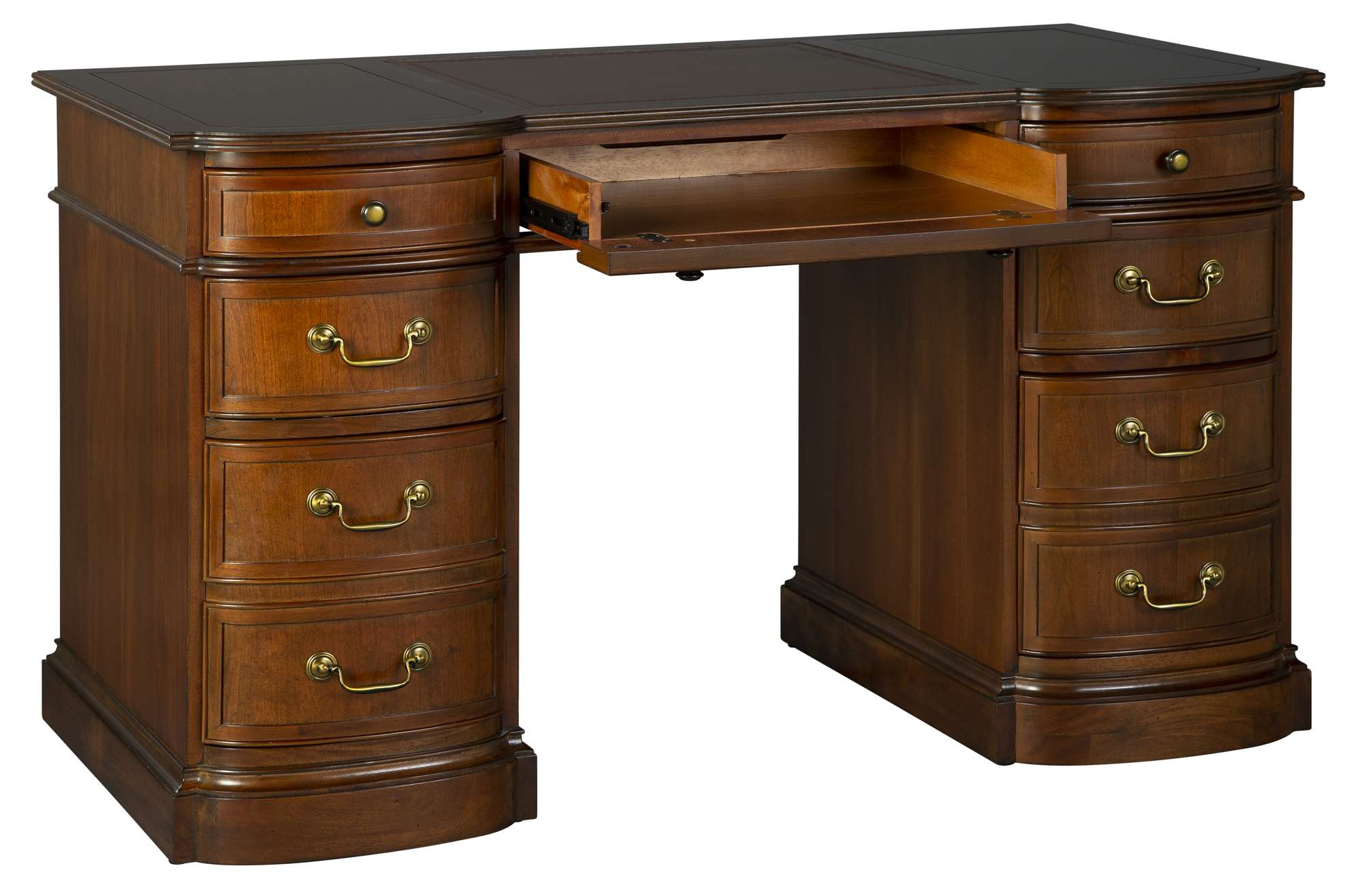 Traditional wooden desk with curved drawers, brass handles, and a pull-out center drawer in rich brown finish