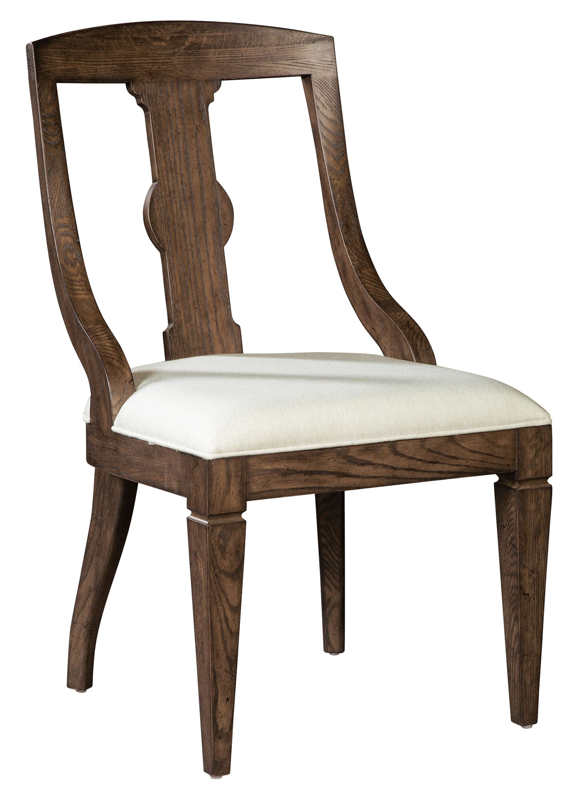 Wexford dining arm chair with solid oak frame, curved back, and upholstered white linen seat cushion