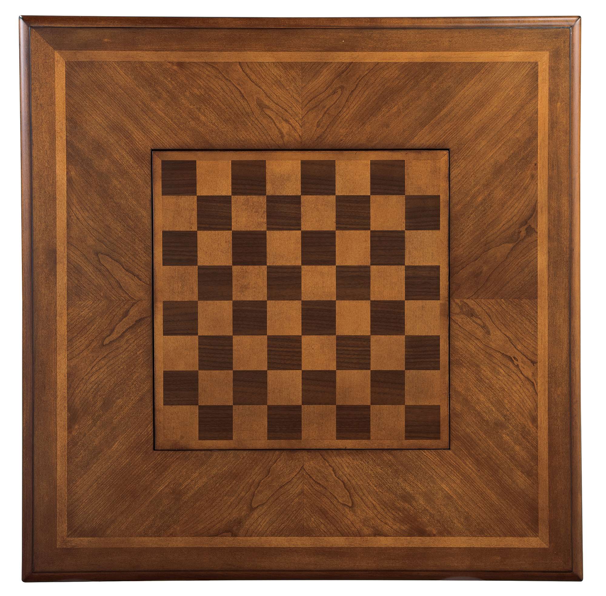 Game table top with cathedral cherry veneer, maple inlay, and removable chess board with maple, walnut, and cherry inlay