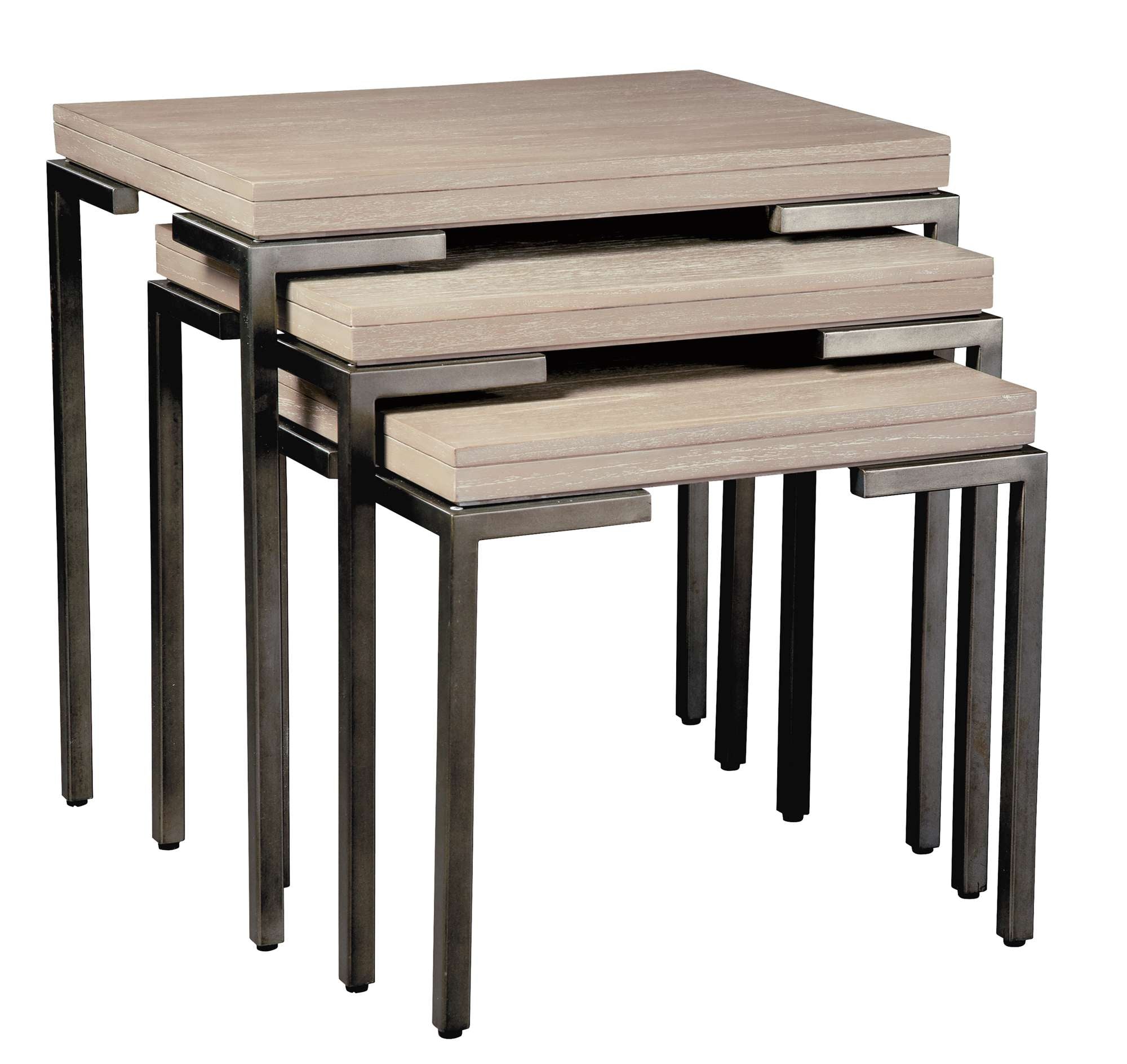 Scottsdale Nest of Tables with mindi veneer tops, aged iron square legs, and three nesting tables in Scottsdale finish