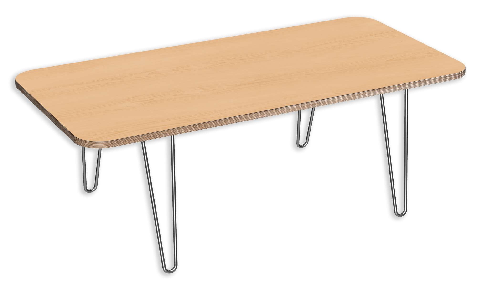 Rectangular natural maple coffee table with radiused corners, mid-century multi-ply edges, and sleek hairpin metal legs