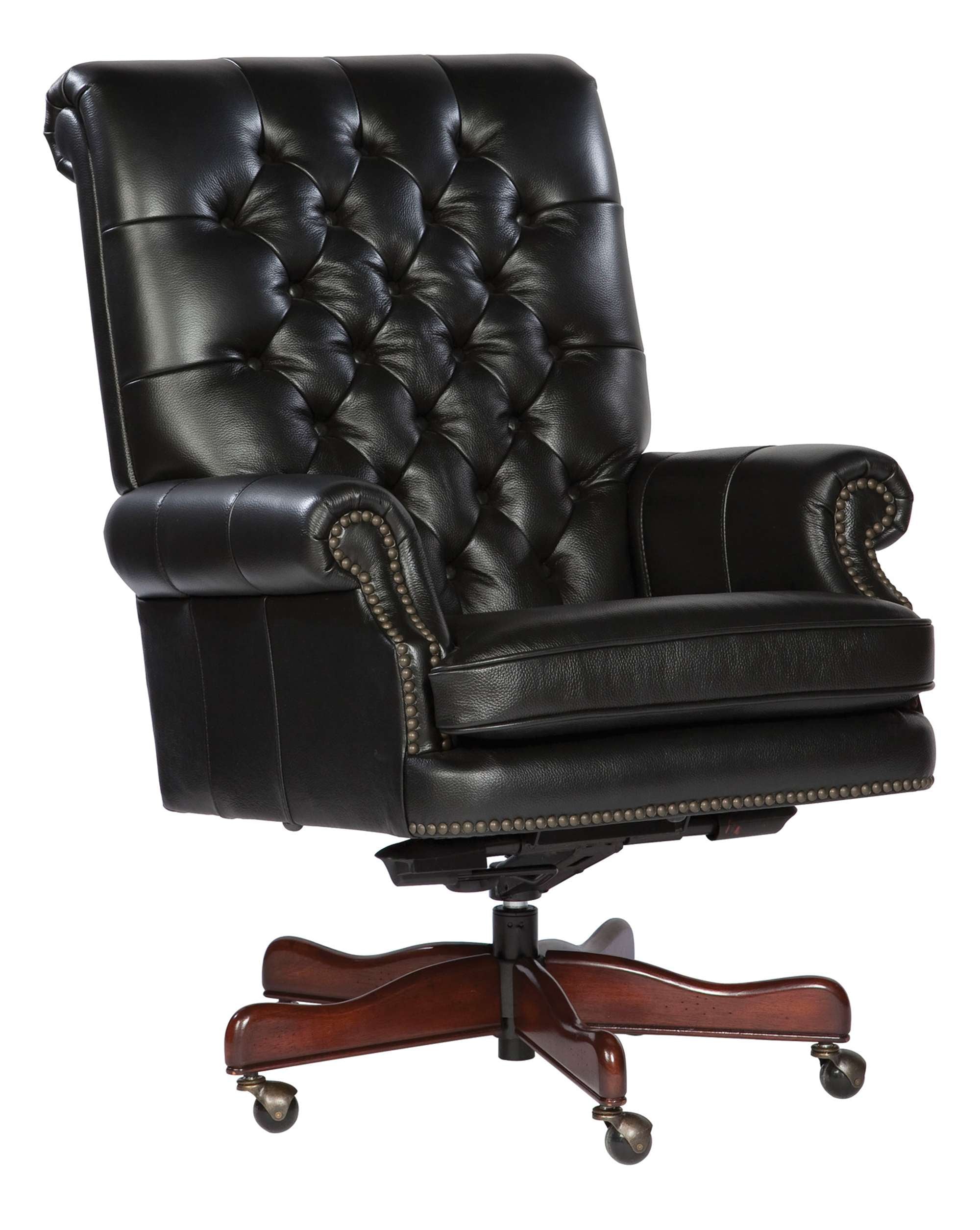 Executive leather office chair with diamond tufted back, antique brass nailhead trim, and five-point wood base with casters