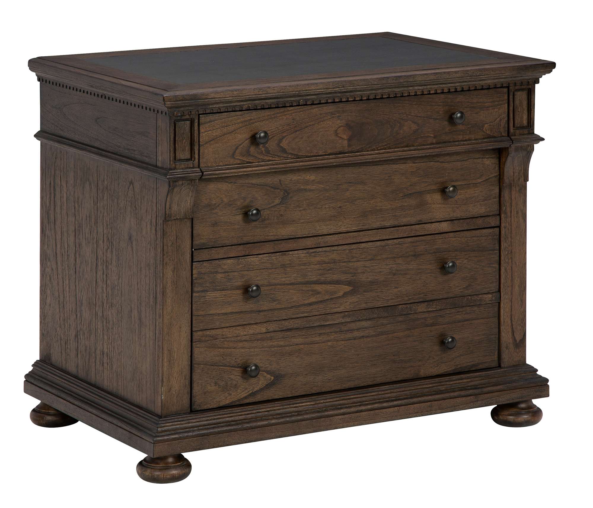 Wellington Estates Office file cabinet with mindi wood veneer, leather top, four drawers, and antique rustic finish
