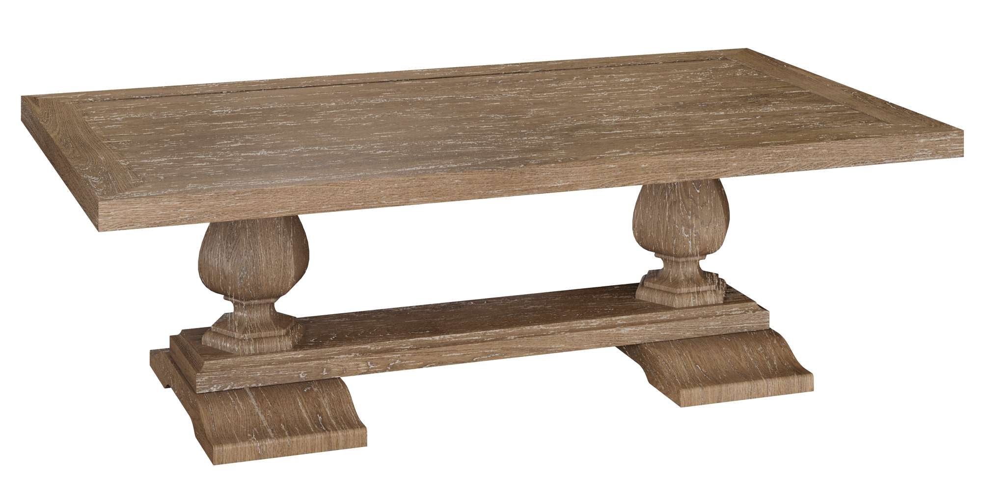 Rectangular Chateaux Coffee Table with thick framed top and turned pedestal base in weathered wood finish