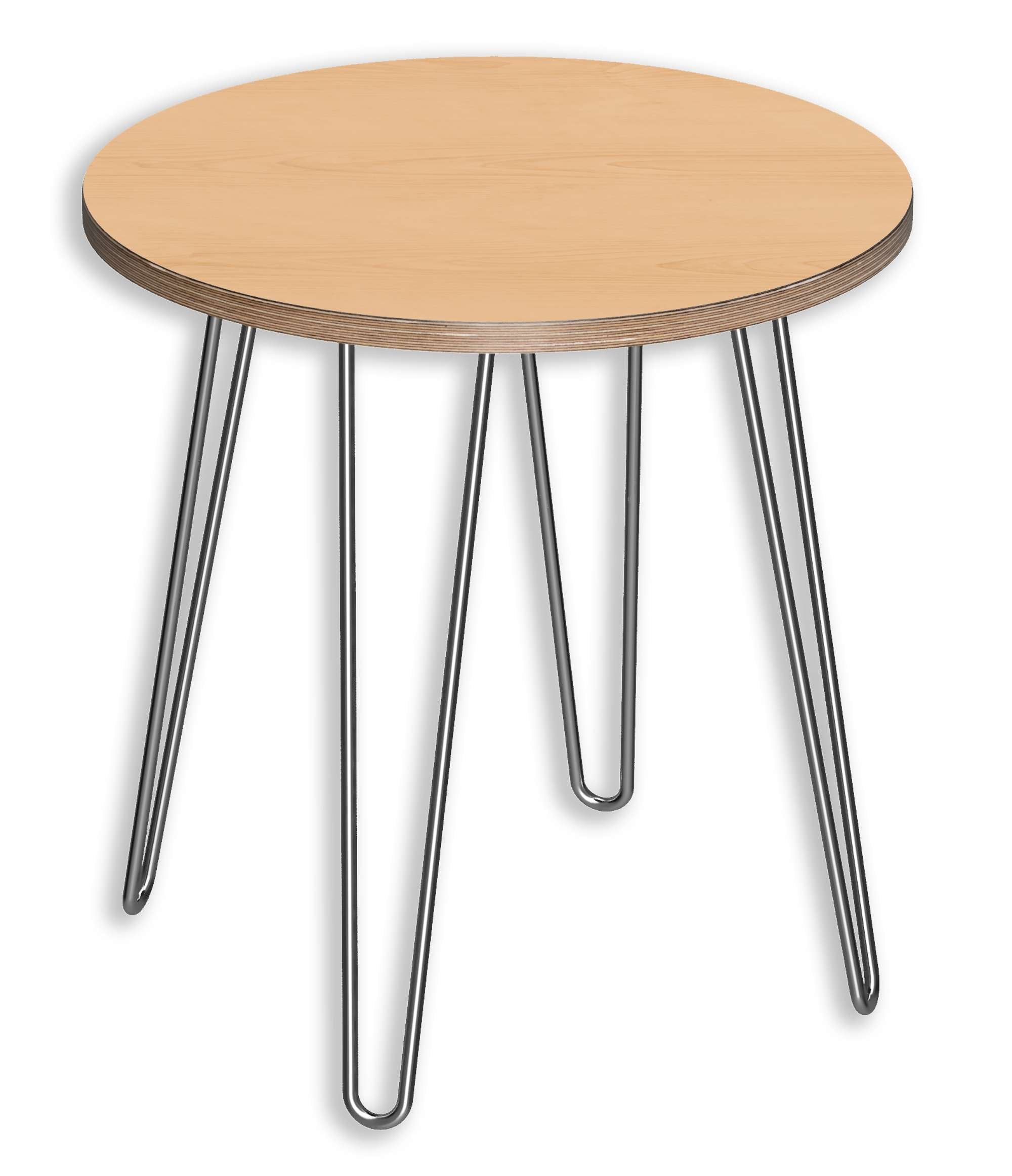 Round DesignerPly end table with natural maple top, mid-century multi-ply edges, and sleek hairpin metal legs