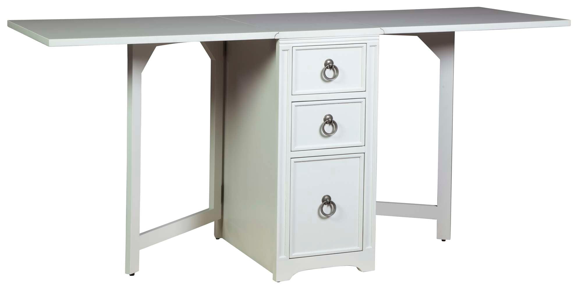 Hekman Drop Leaf Desk with white finish, three drawers with ring pulls, and foldable side panels for adjustable workspace