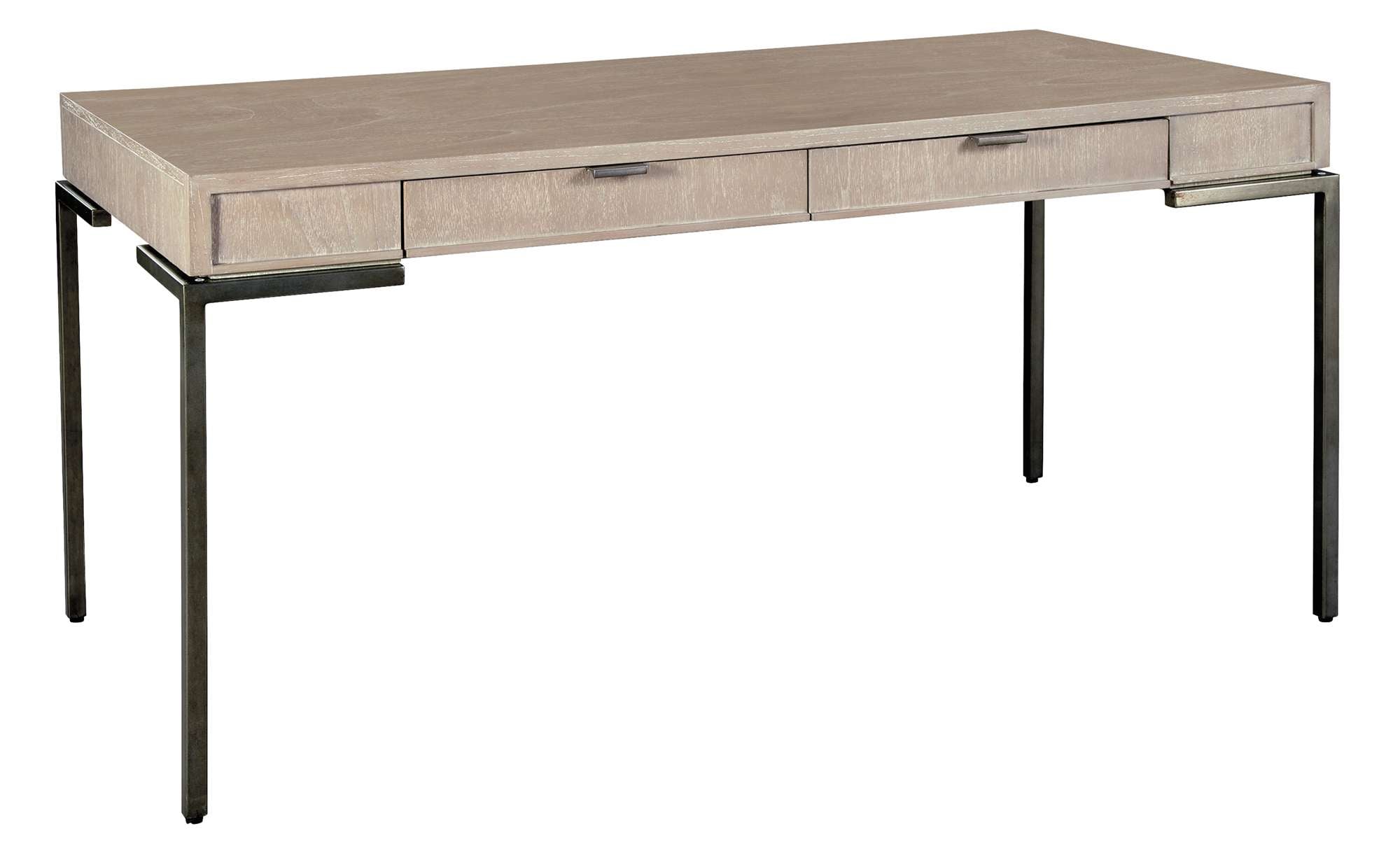 Scottsdale desk with mindi veneer and solids, two drawers, aged iron square metal legs, and floor levelers