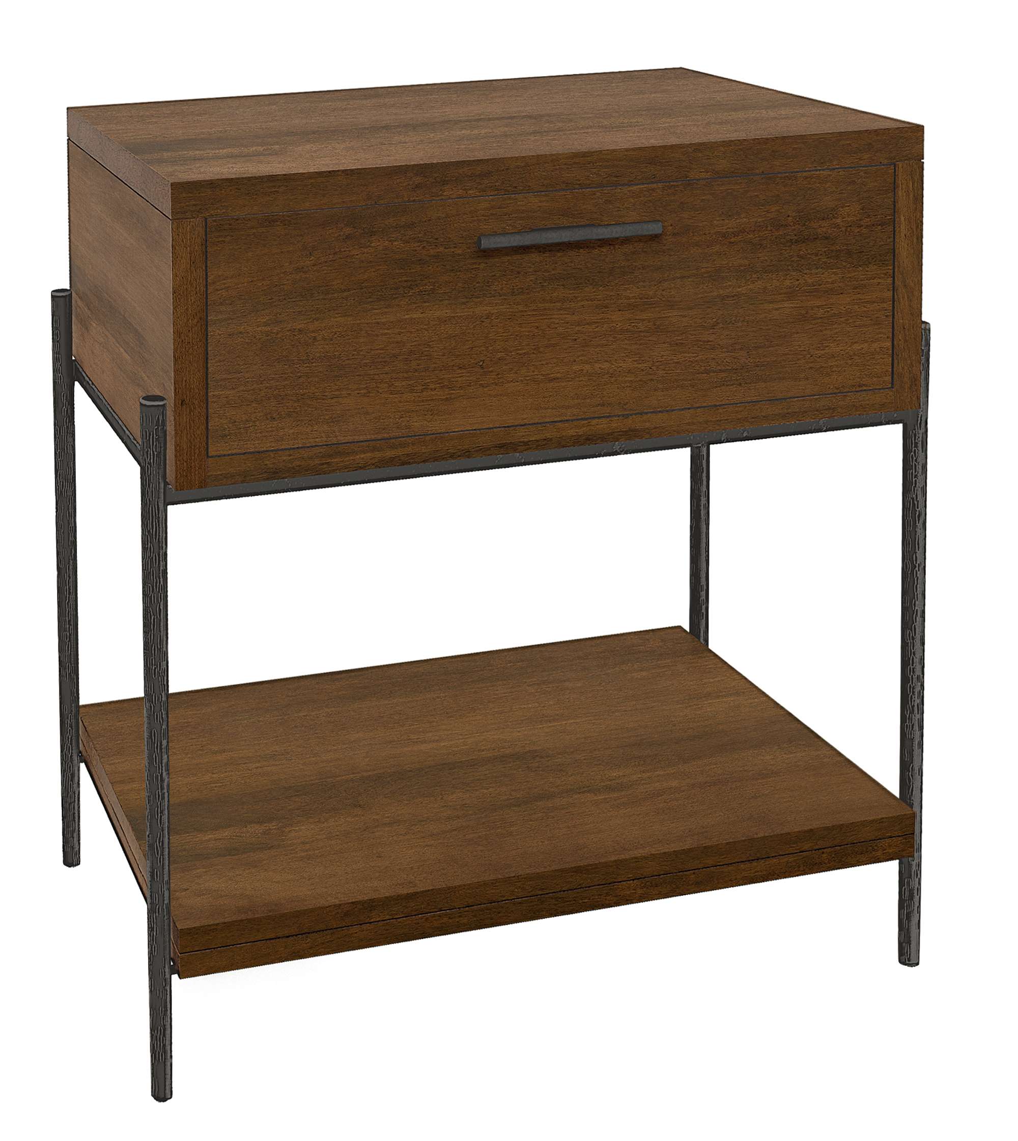Bedford Park nightstand with single drawer, solid mango wood, aged iron base, lower shelf, and Bedford Tobacco finish